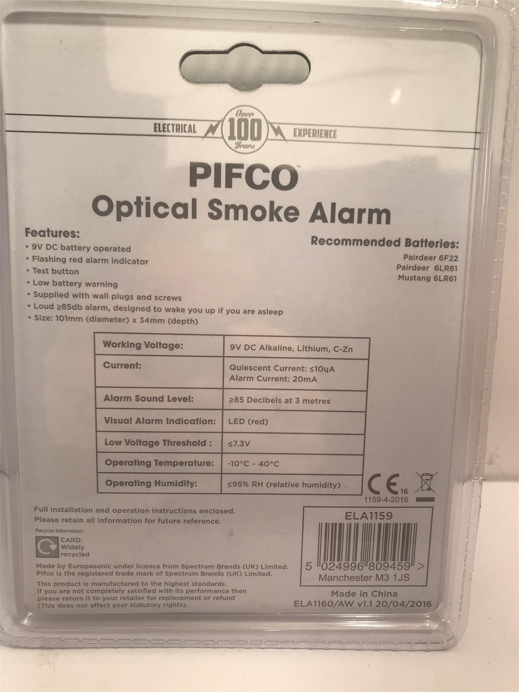 Pifco Optical Smoke Alarm  ELA1159