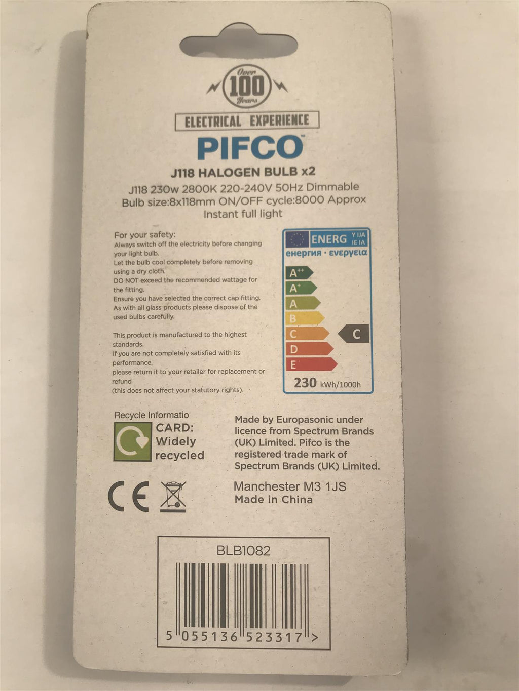 Pifco J118 Halogen Bulb 230W 4800lm 2800k Warm White (2 Pk) BLB1082