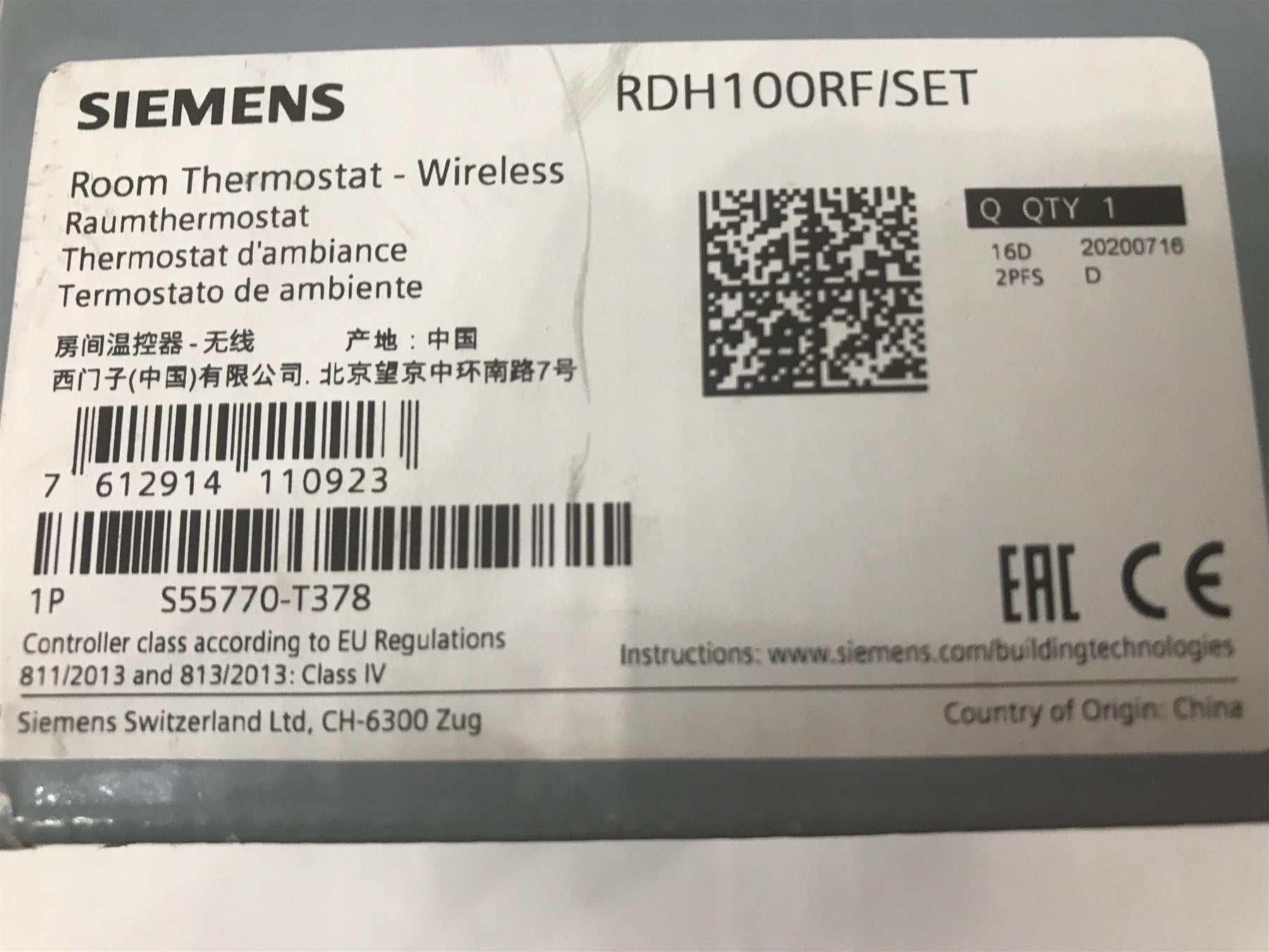 Siemens RDH100RF/SET Wireless Thermostat and Receiver