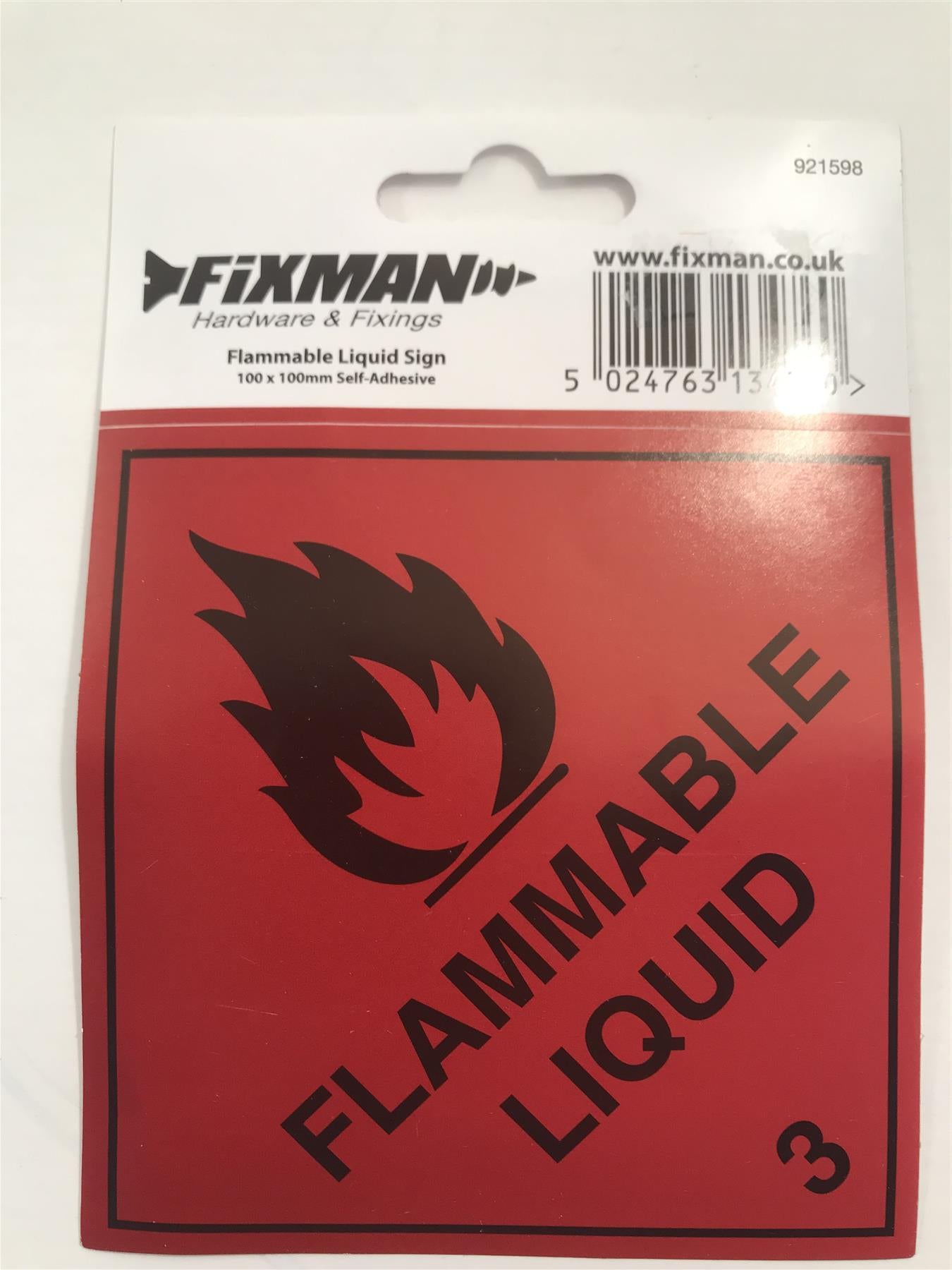 Fixman 921598 Self-Adhesive Flammable Liquid 3  Sign 100 x 100mm