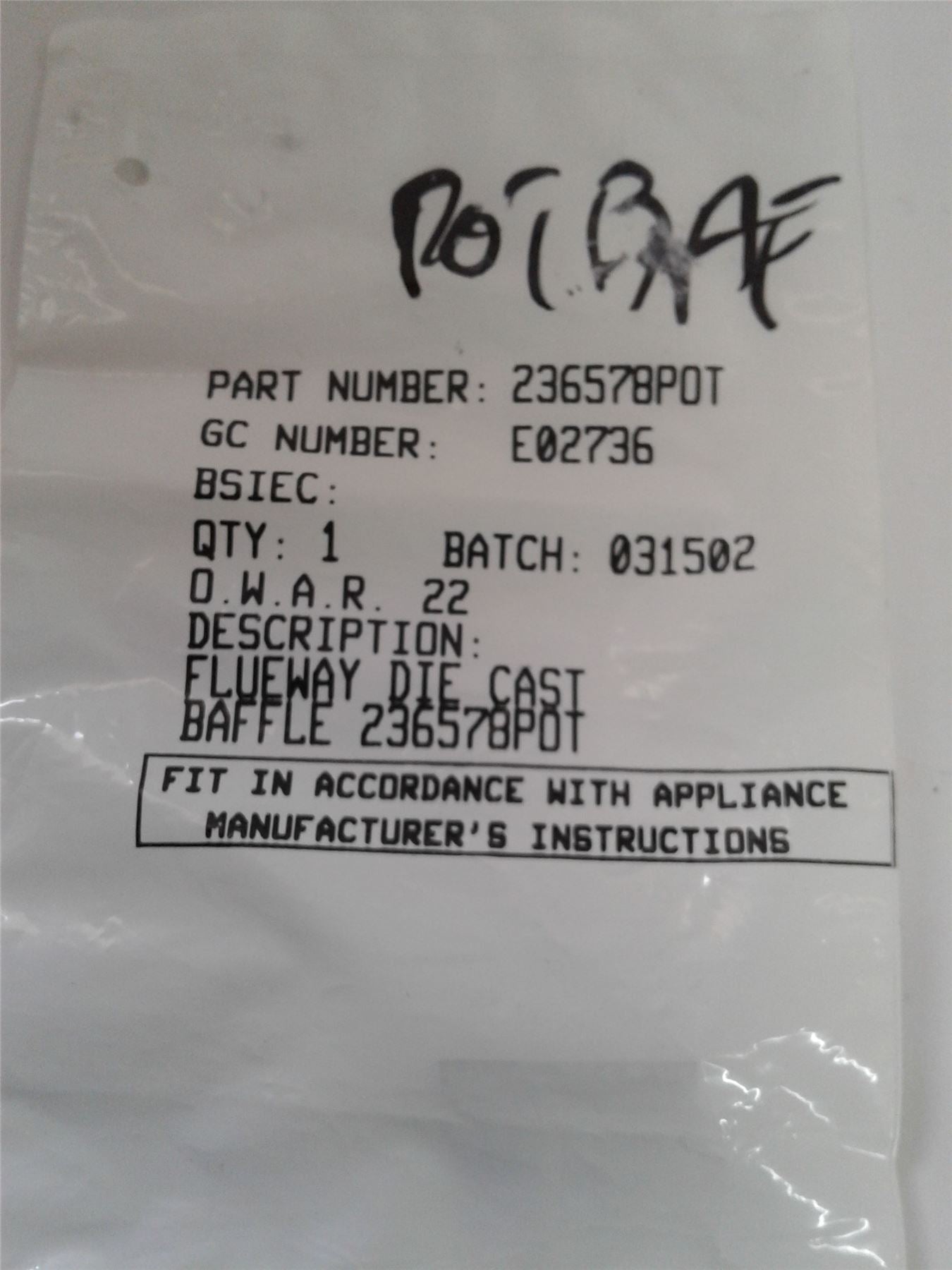 NEW BAXI POTTERTON FLUEWAY DIE CAST BAFFLE 236578 POT