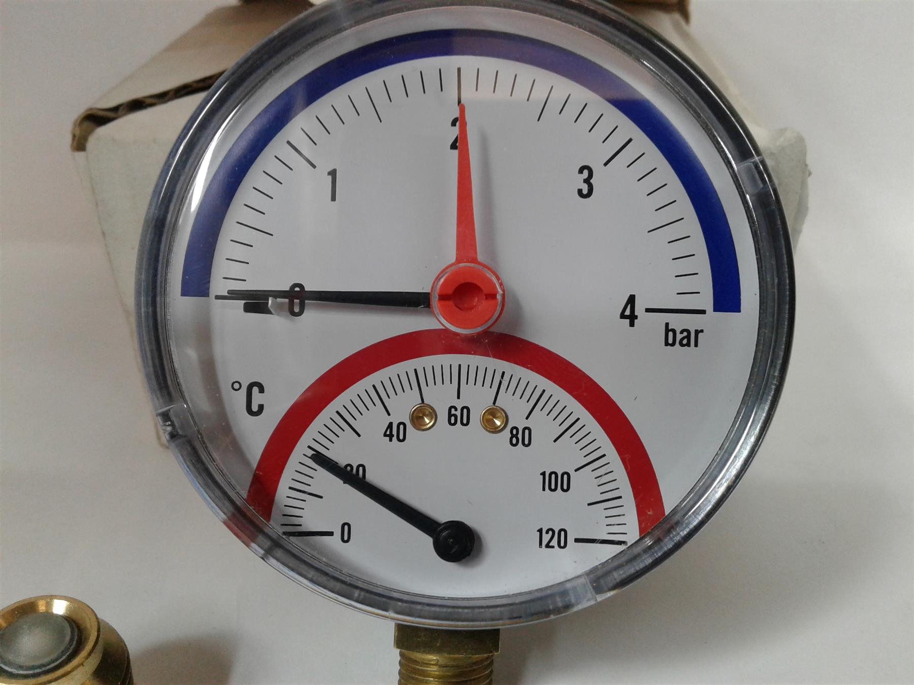 NEW Bottom Entry Temperature & Pressure Gauge 80mm Dial 120C 4 BAR