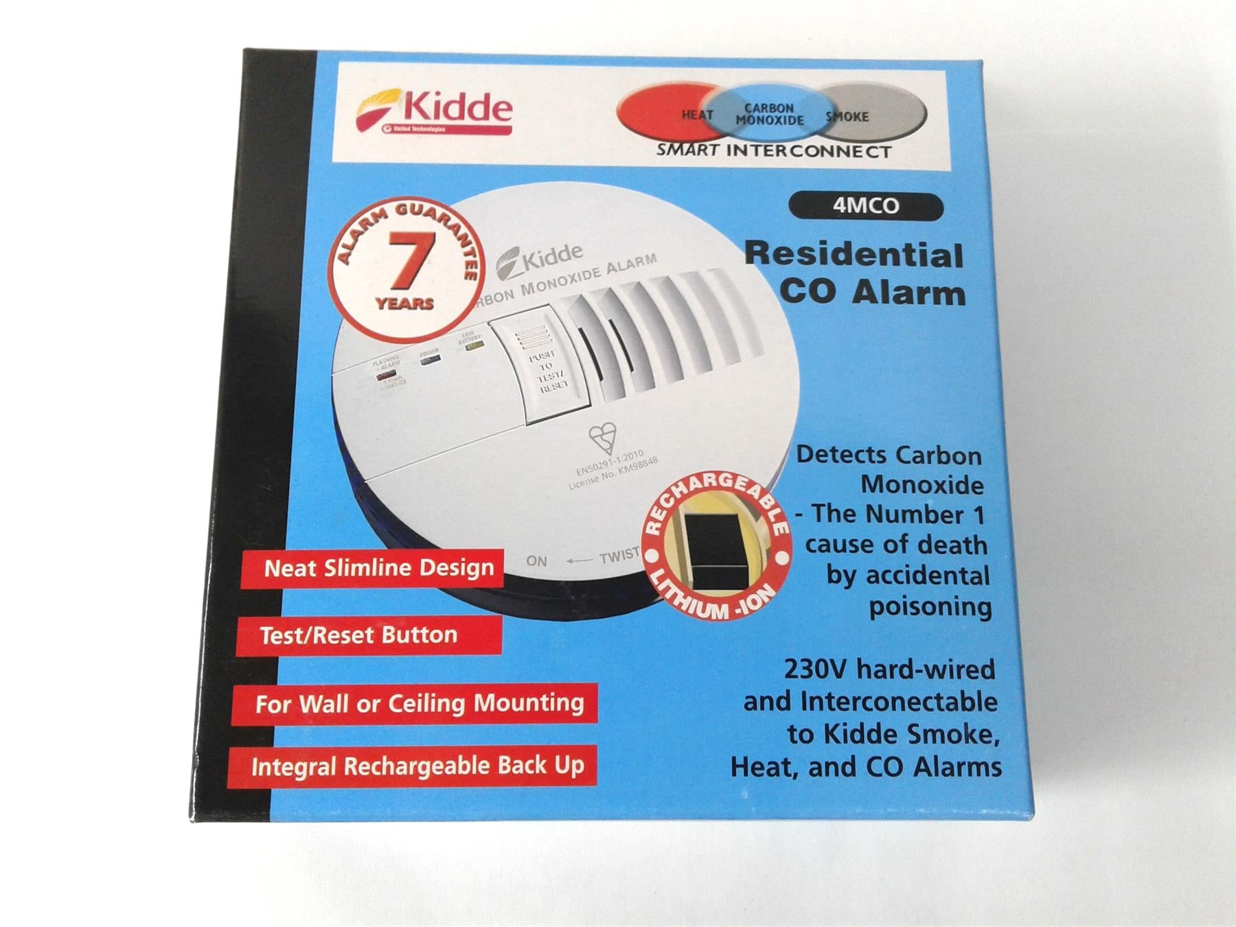 New Kidde Fyrnetics Hard Wired Mains Powered 230v CO Carbon Monoxide Alarm 4MCO