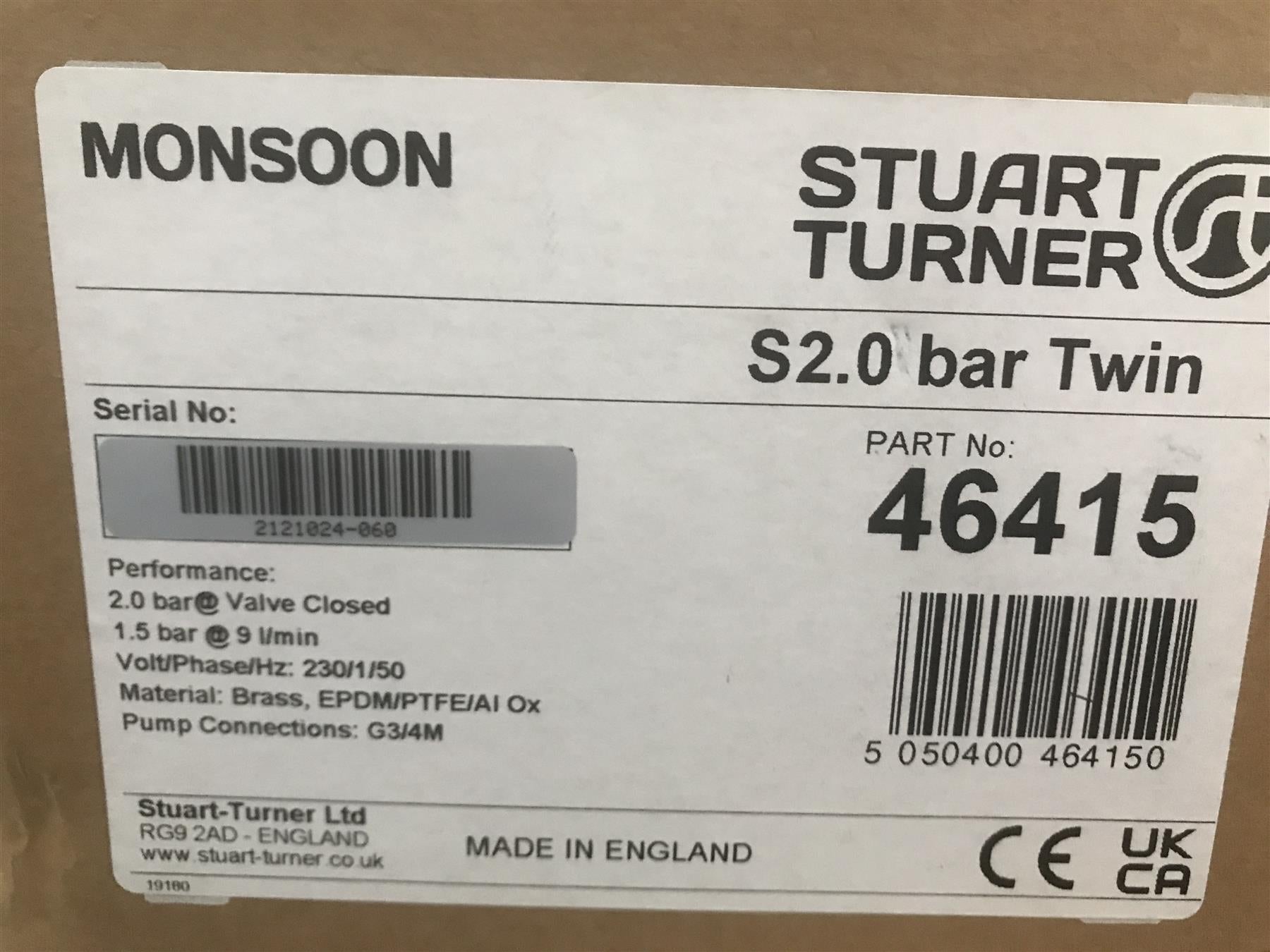 Stuart Turner Shower Pump Monsoon S2.0 Bar Twin Impeller Positive Head 46415