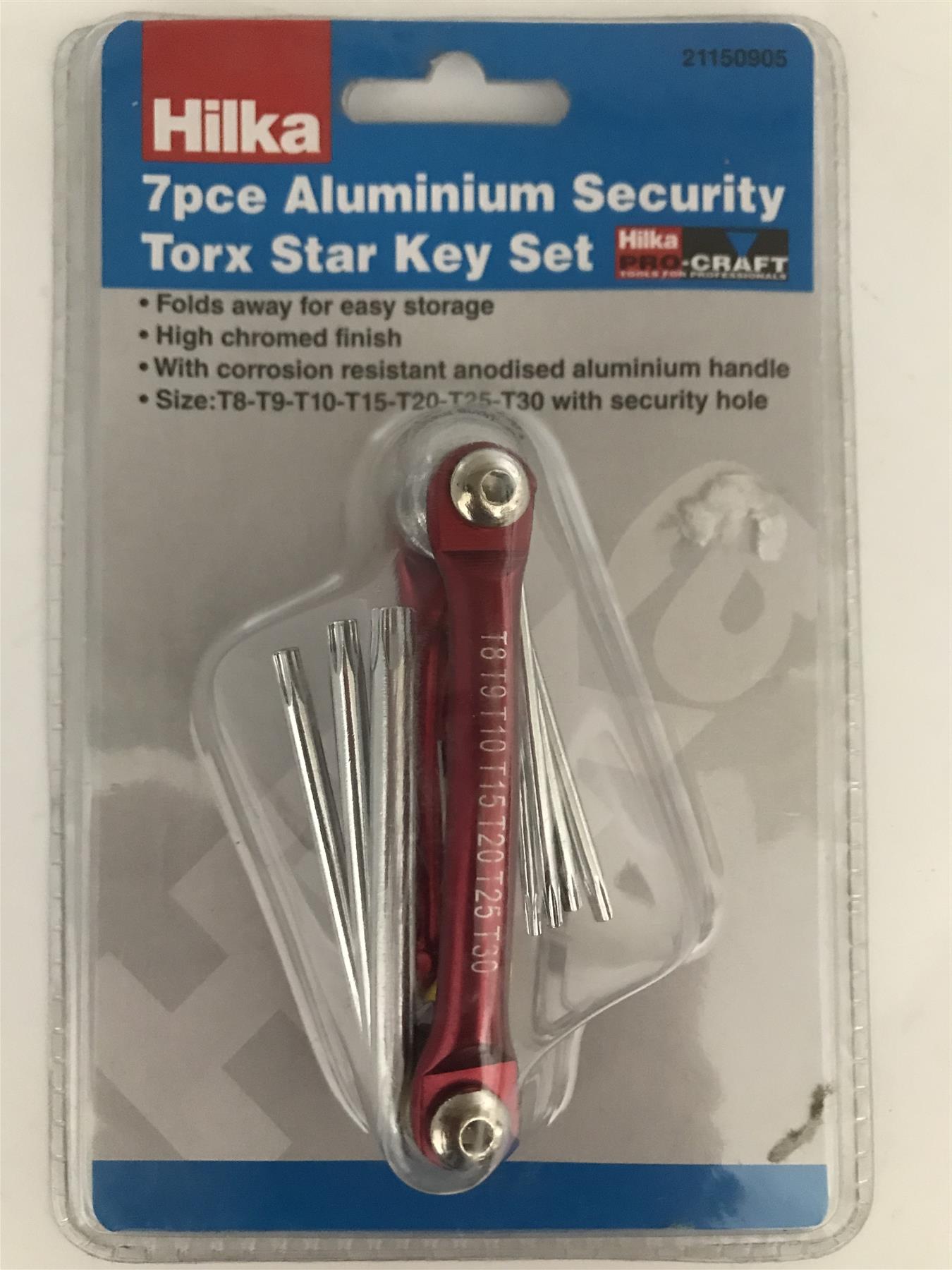 Hilka 7pc Torx Aluminium Security Keys T8 T9 T10 T15 T20 T25 & T30