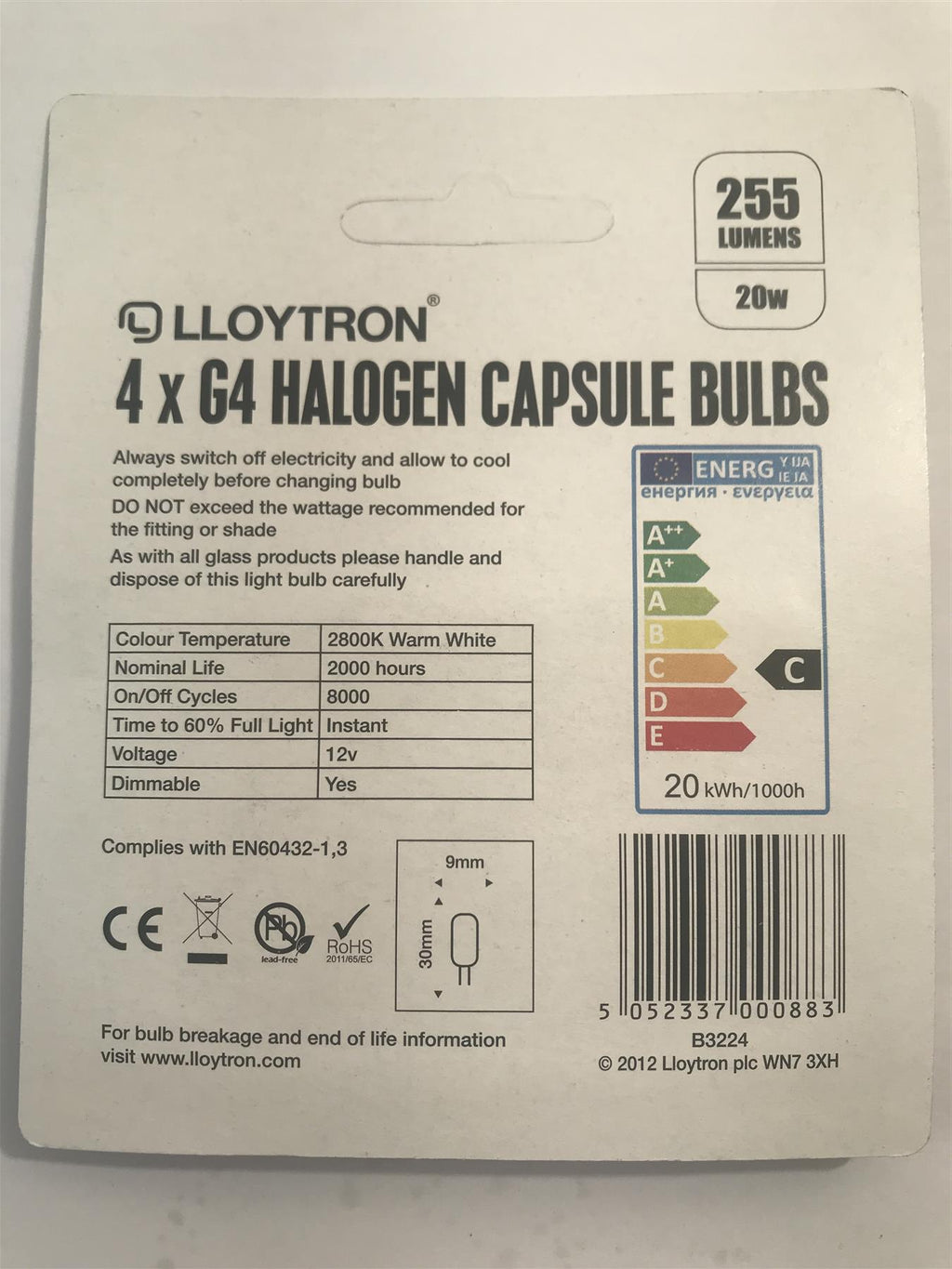 Lloytron G4 20W 255lm Capsule Bulb 2 Pin Dimmable Warm White  4Pk B3224