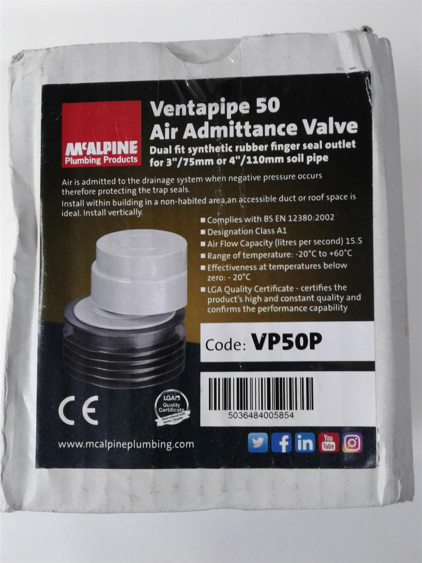 New McAlpine VP50P Air Admittance Valve 3 to 4"