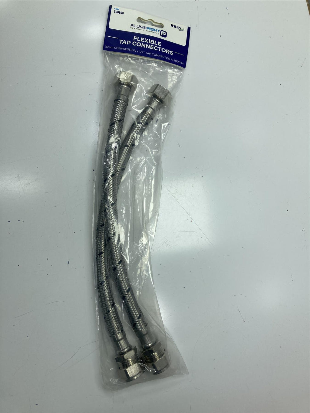 2 x Plumbright Flexible Tap Connectors 15mm Comp x 1/2" x 300mm (500898)