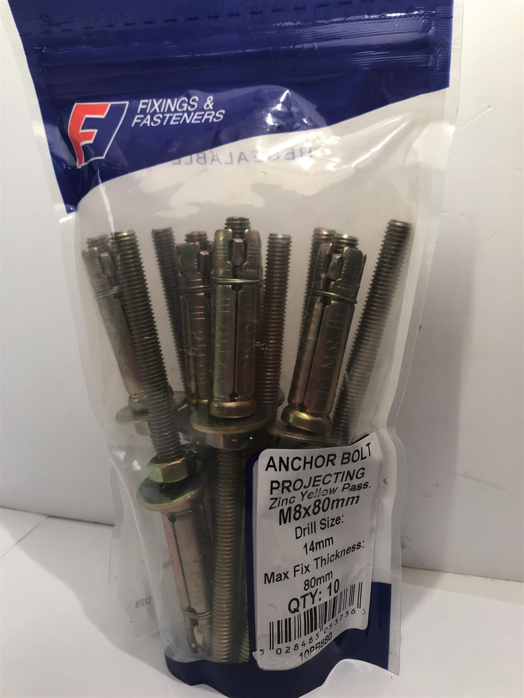 Masonry Anchor Bolt Projecting Zinc Yellow M8 x 80mm Bag 10   10PB880