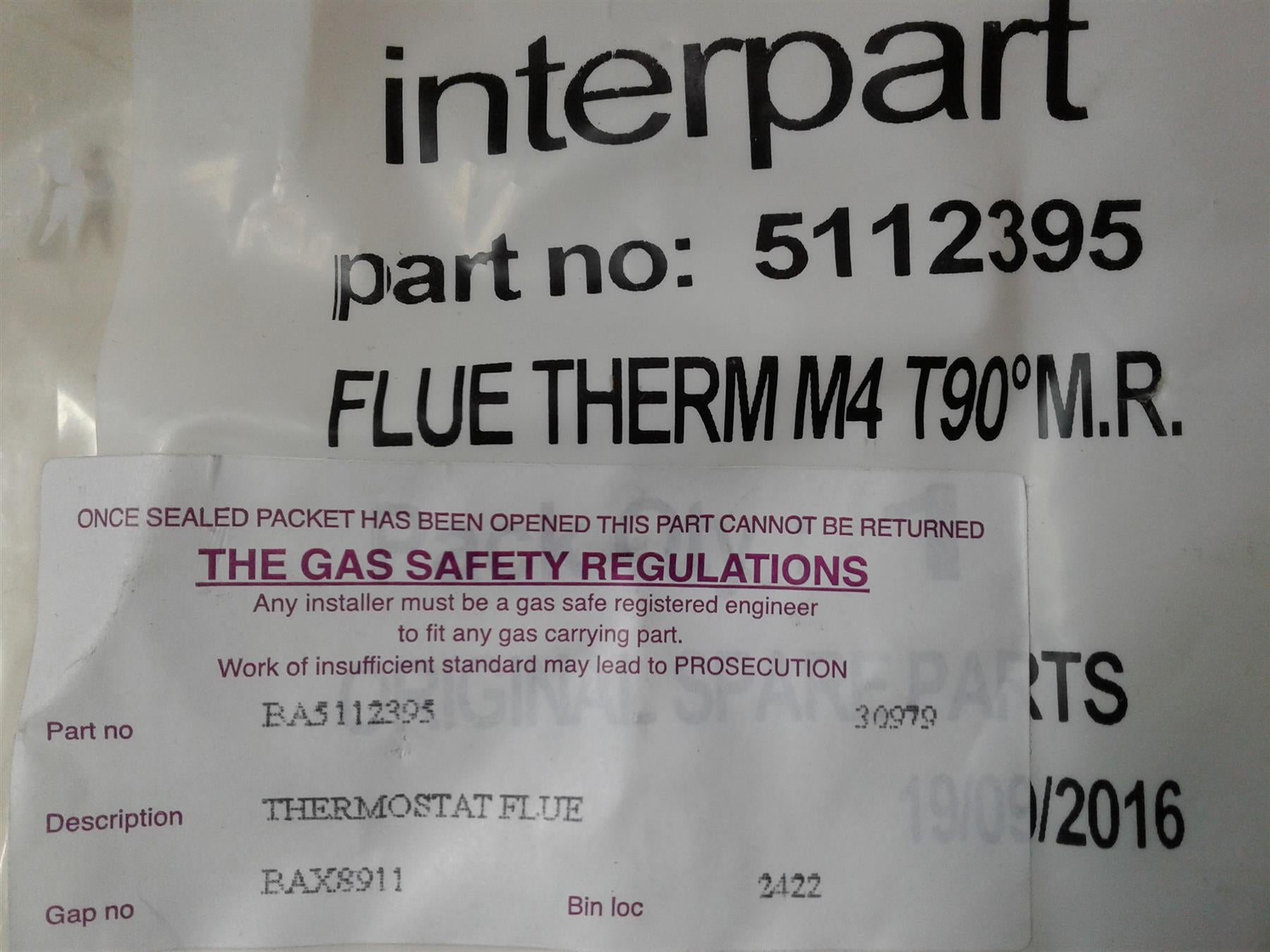 NEW BAXI PERFORMA ECO THERMOSTAT FLUE 5112395 OVERHEAT