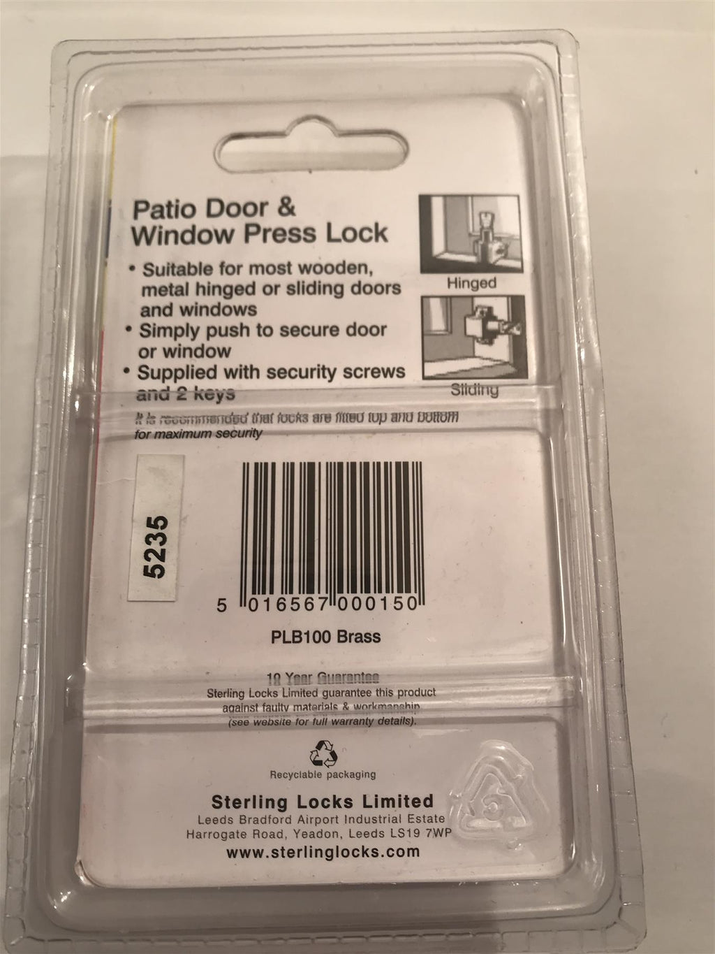 Sterling PLB100 Patio Door and Window Lock - Brass