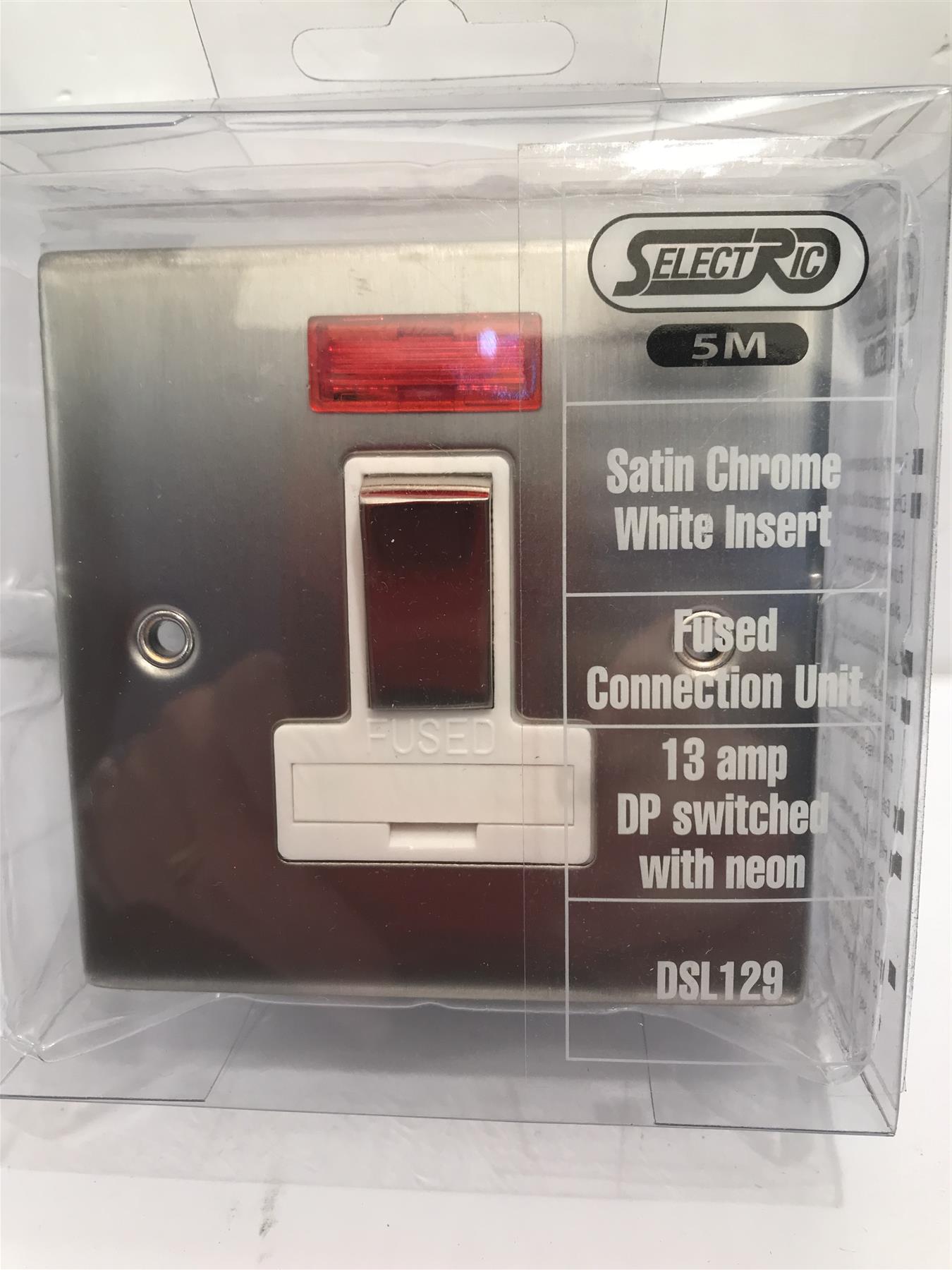 13 amp Satin Chrome White Insert Fused Connection Unit DP Switch Neon DSL129