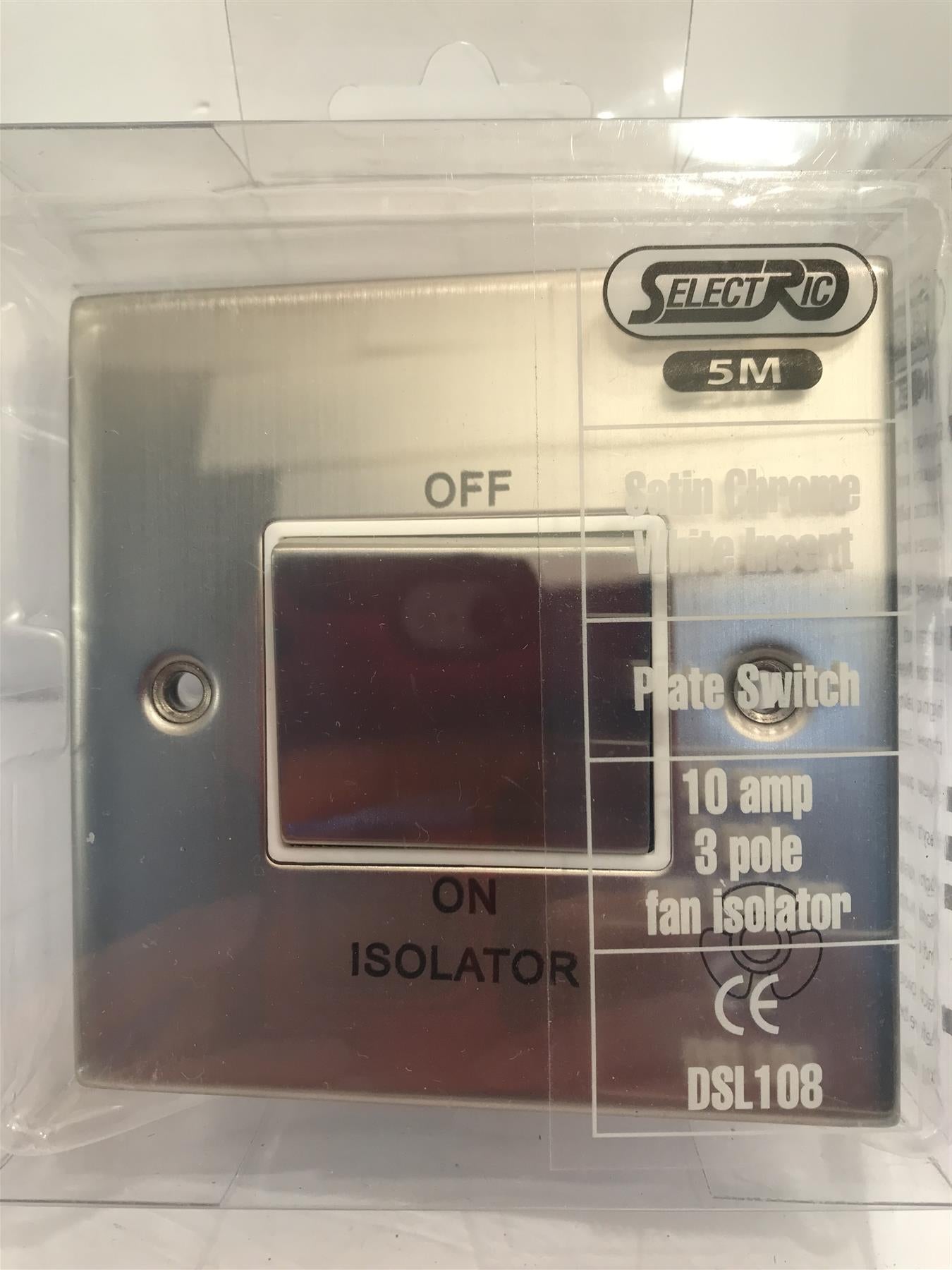 Satin Chrome White Insert plate Switch 10A 3 Pole Fan Isolator DSL108