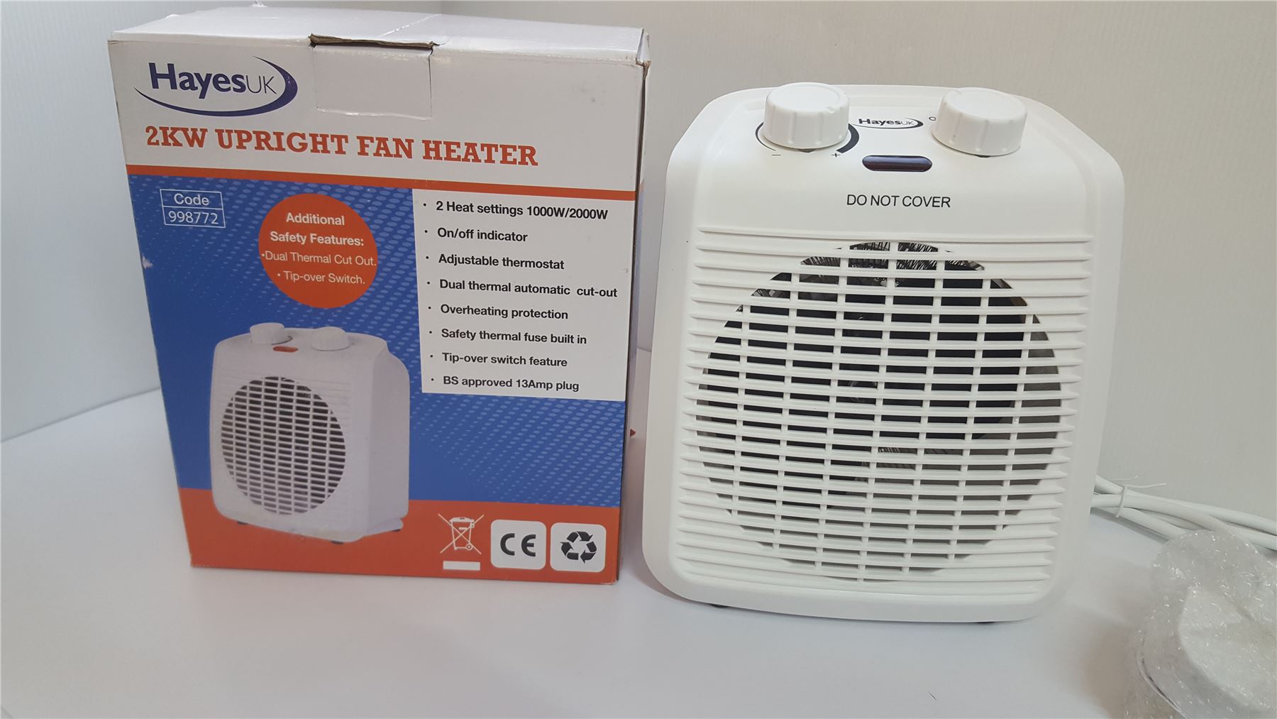 NEW Hayes UK 998772 2kW Upright Electric Fan Heater White