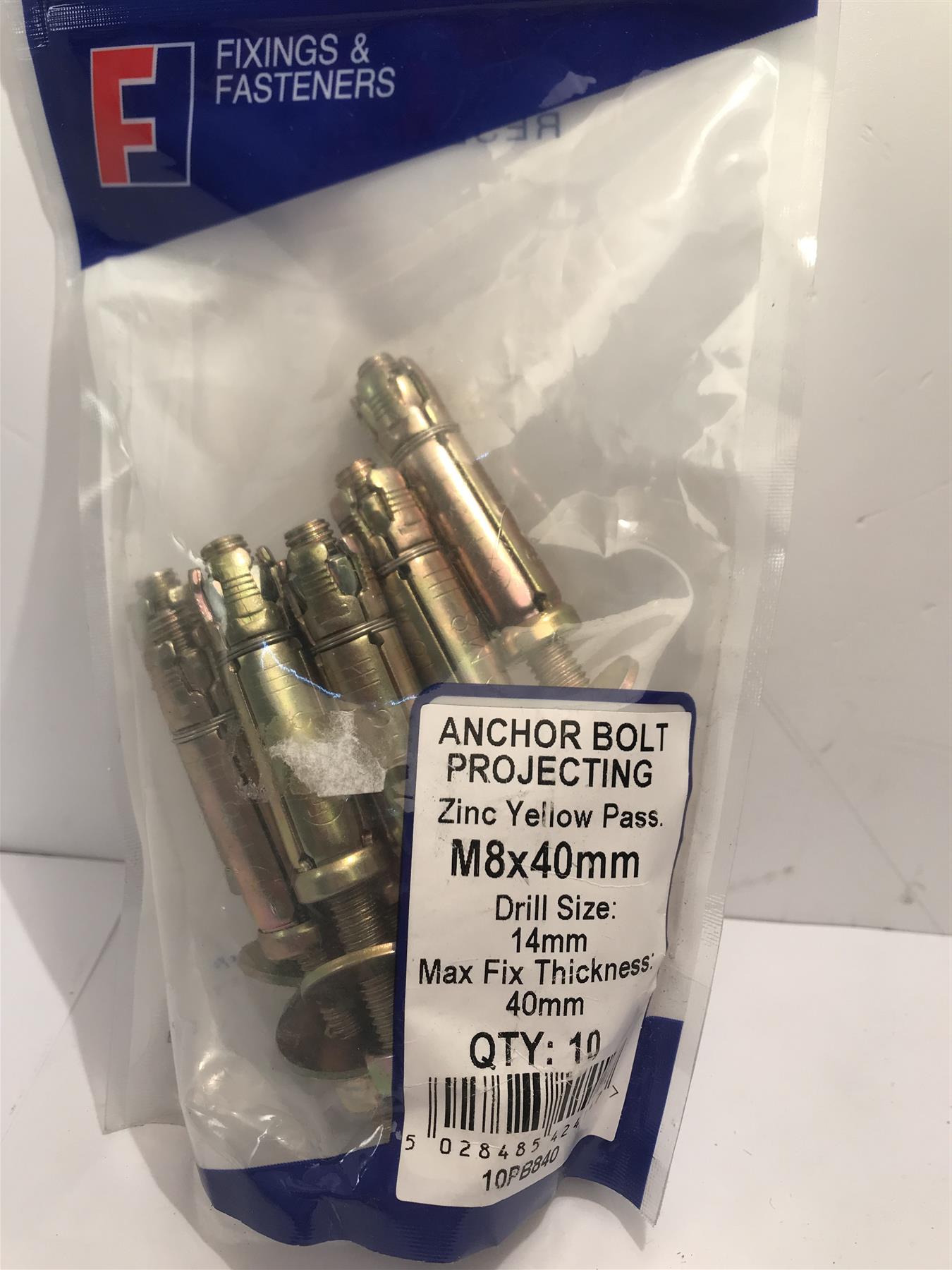 Masonry Anchor Bolt Projecting Zinc Yellow Pass M8 x 40mm  10PB840