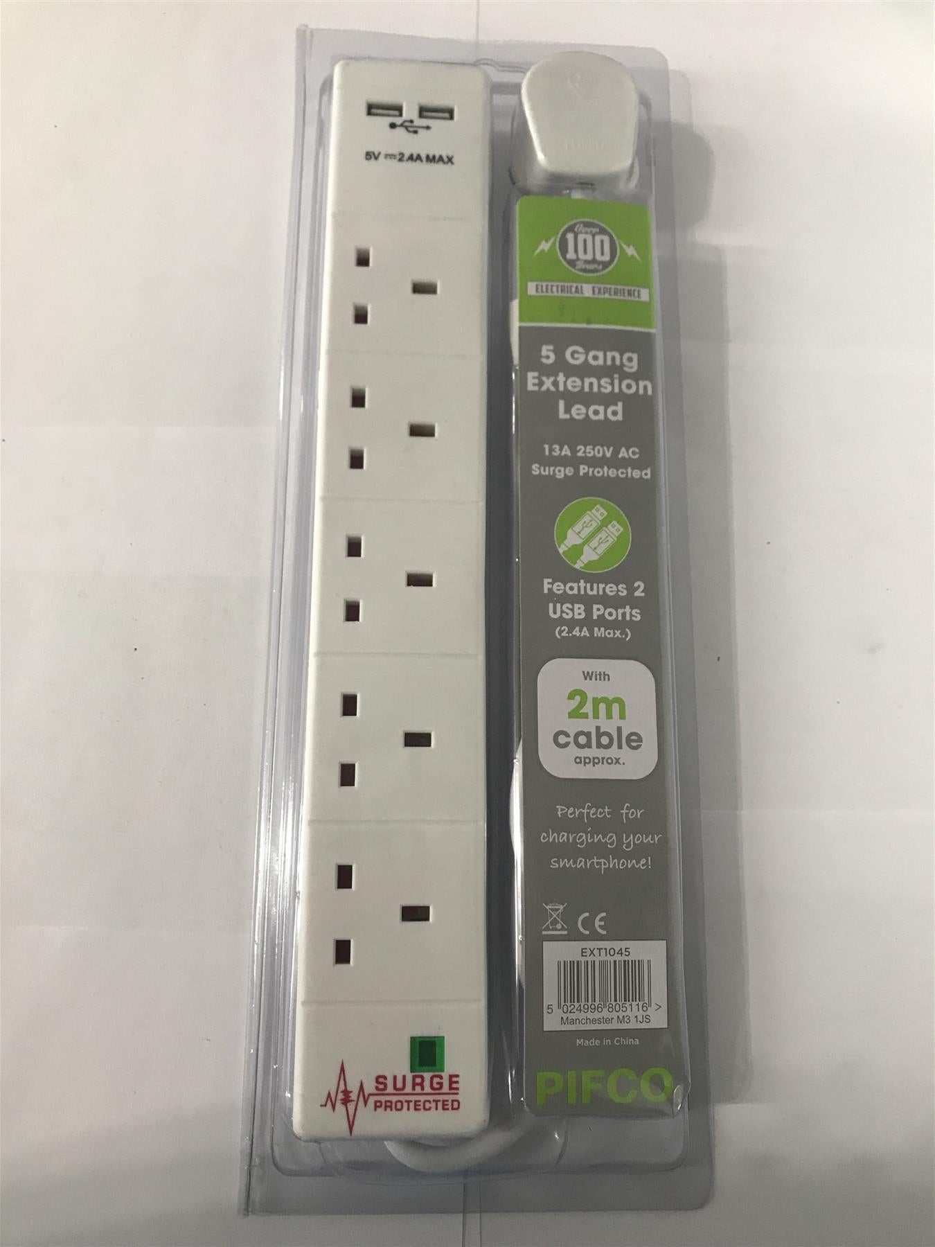 Pifco 2m 5 Gang Extension Lead with 2 USB Ports  EXT1045