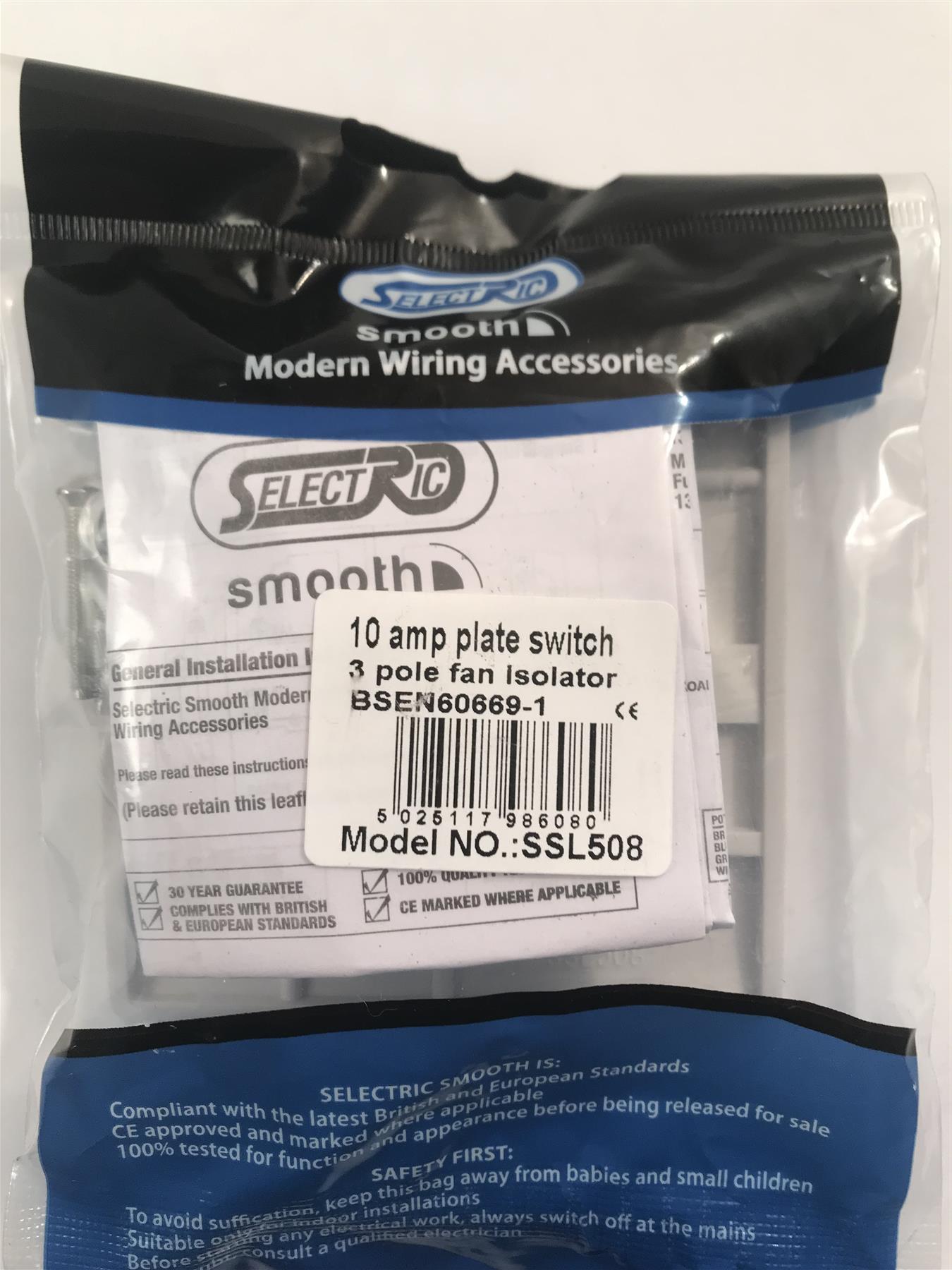 Selectric Smooth  10a 3 Pole Fan Isolator Plate Switch SSL508