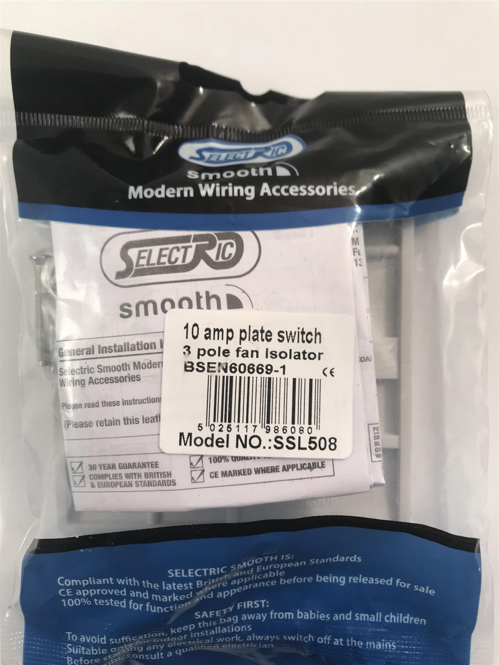 Selectric Smooth  10a 3 Pole Fan Isolator Plate Switch SSL508