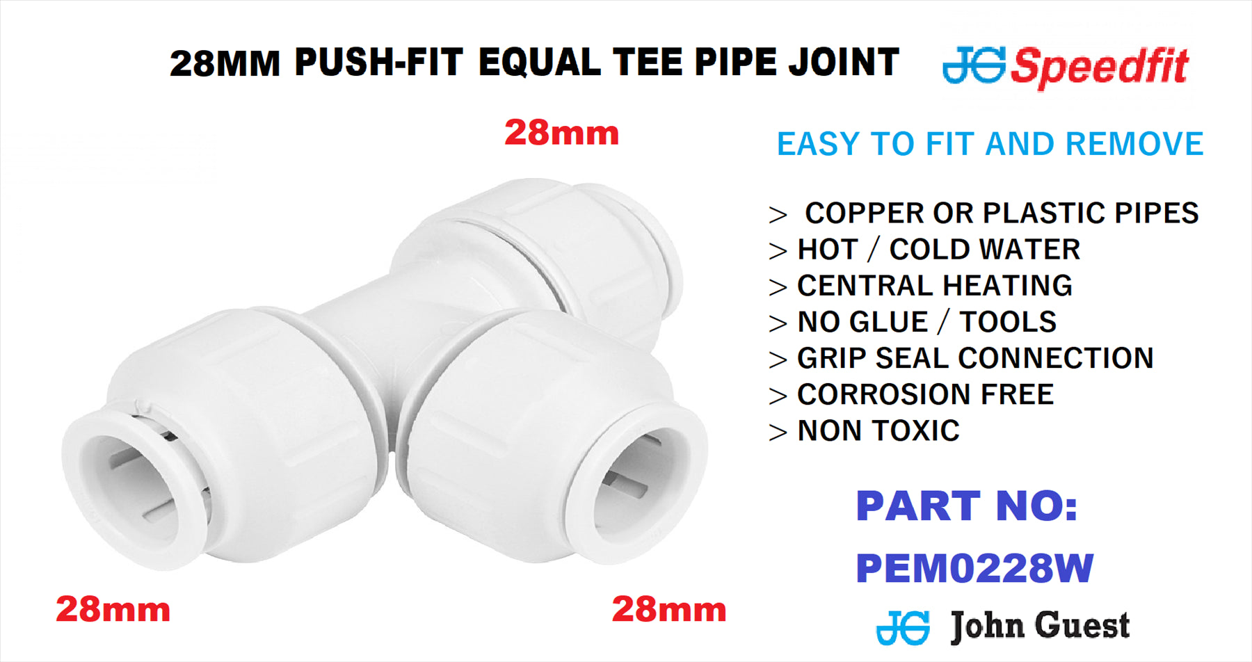 NEW JG SPEEDFIT 28mm EQUAL TEE PIPE FITTING PEM0228W (EACH)