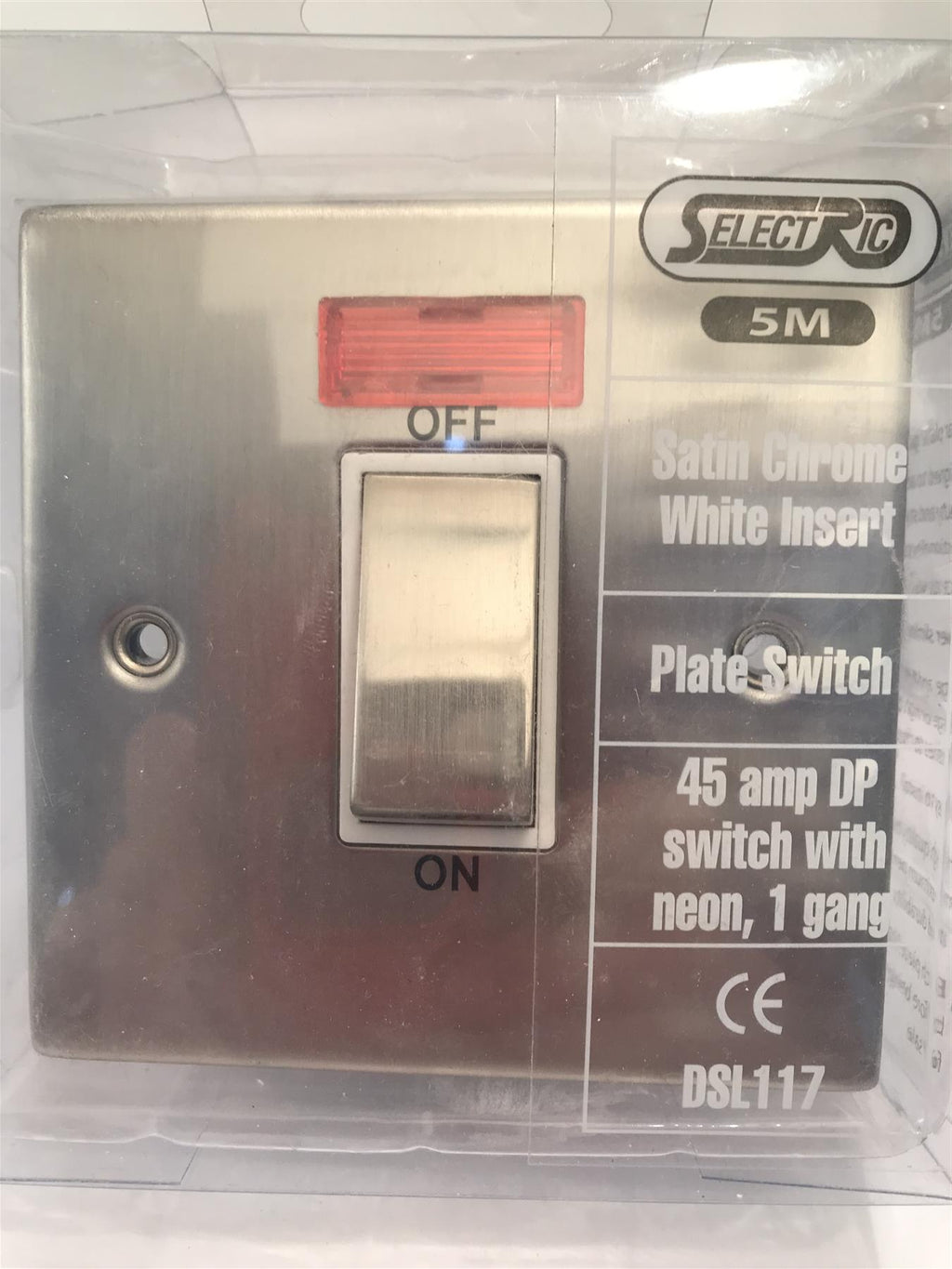 Satin Chrome White Insert Plate Switch 45amp DP Switch Neon 1 gang DSL117
