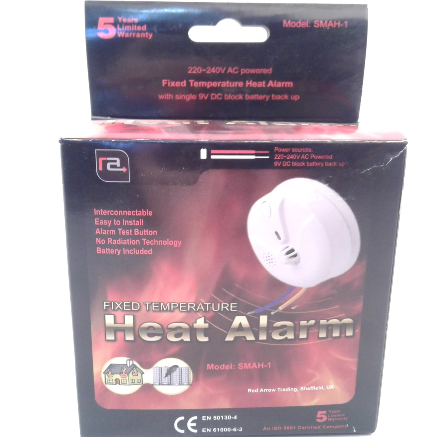 Heat Alarm Detector 220-240v Mains Hard Wired w/ 9v Battery Backup