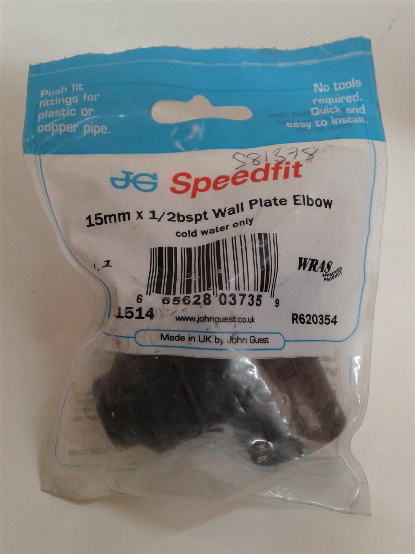NEW JG SPEEDFIT 15MM 1/2BSPT WALL PLATE ELBOW UGPWB1514