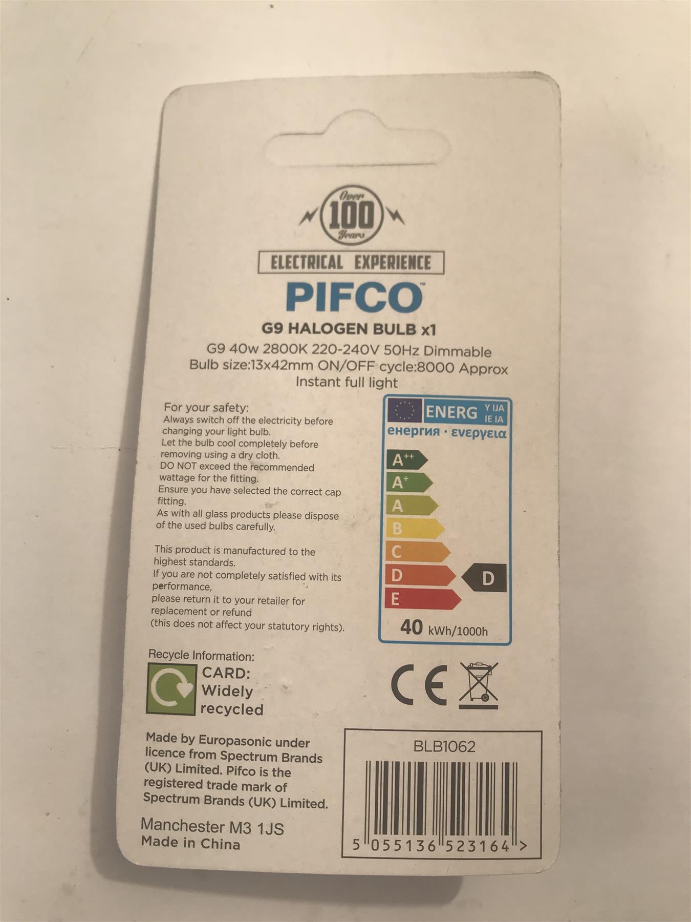 Pifco G9 Halogen Bulb Dimmable 40W 380lm BLB1062 Warm White