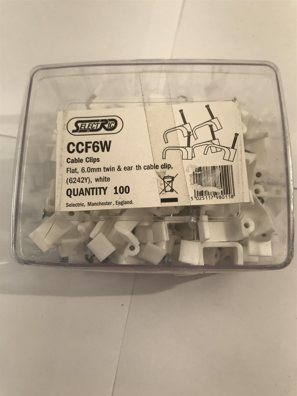 Selectric  Flat 6mm Twin & Earth Cable Clip White x 100  CCF6W