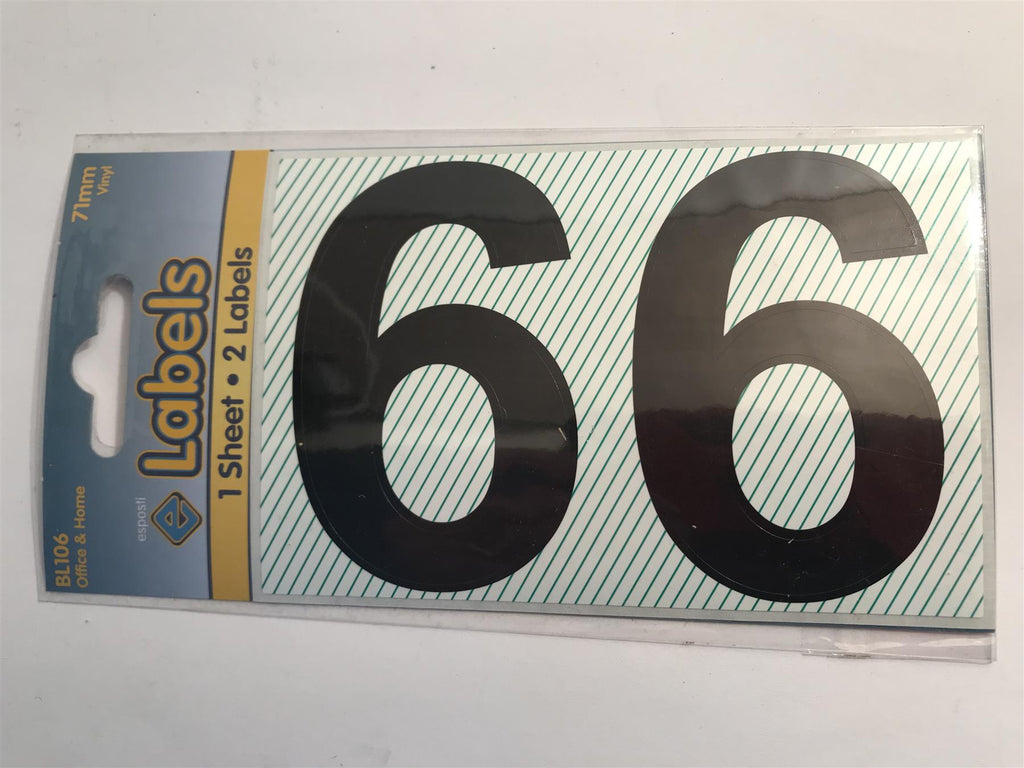 Esposti Large Black Vinyl Sticker No. 6 -  71mm (2 Pack) BL106