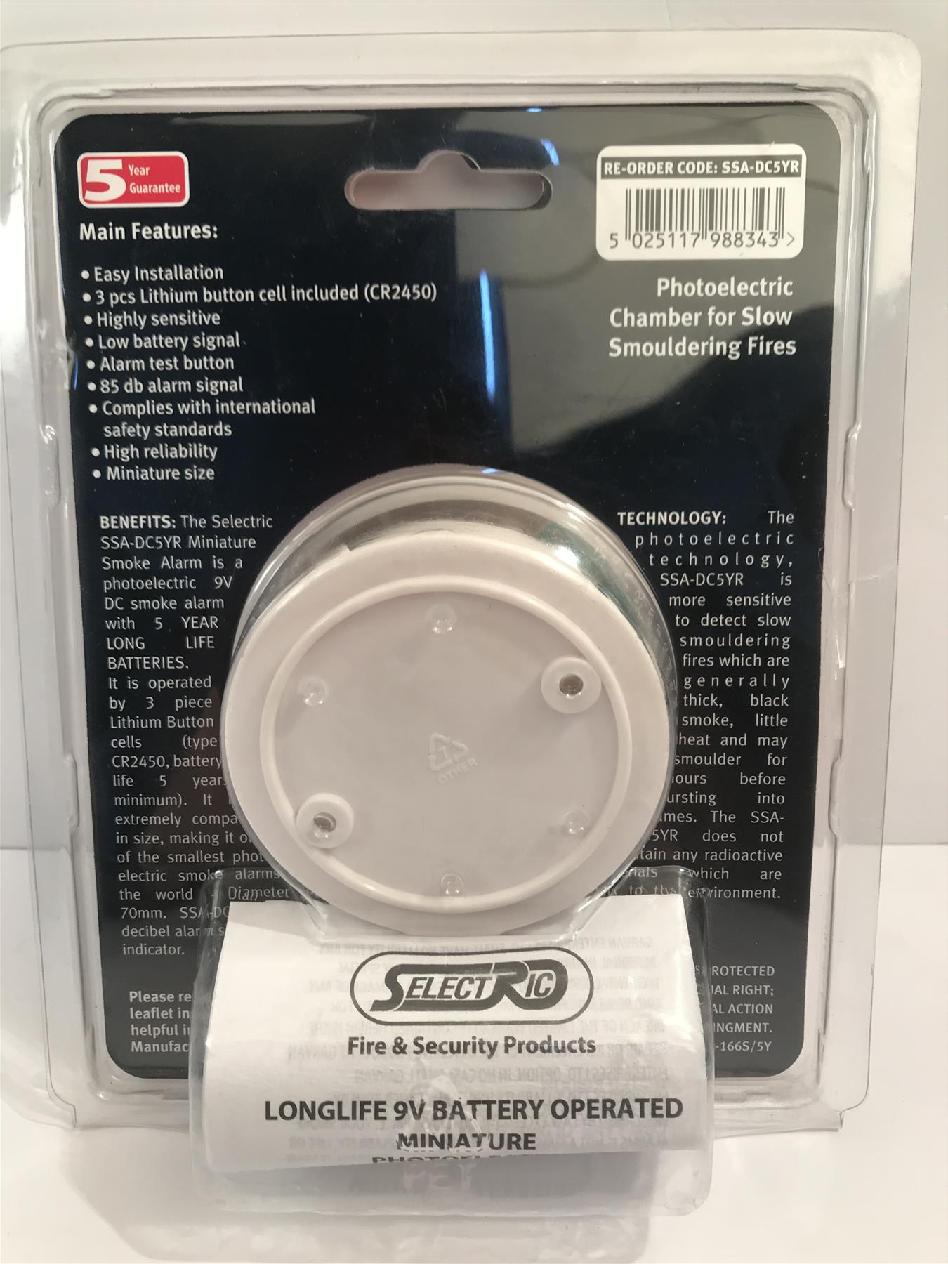 Selectric Miniature Photoelectric 9V DC Smoke Alarm  SSA-DC5YR