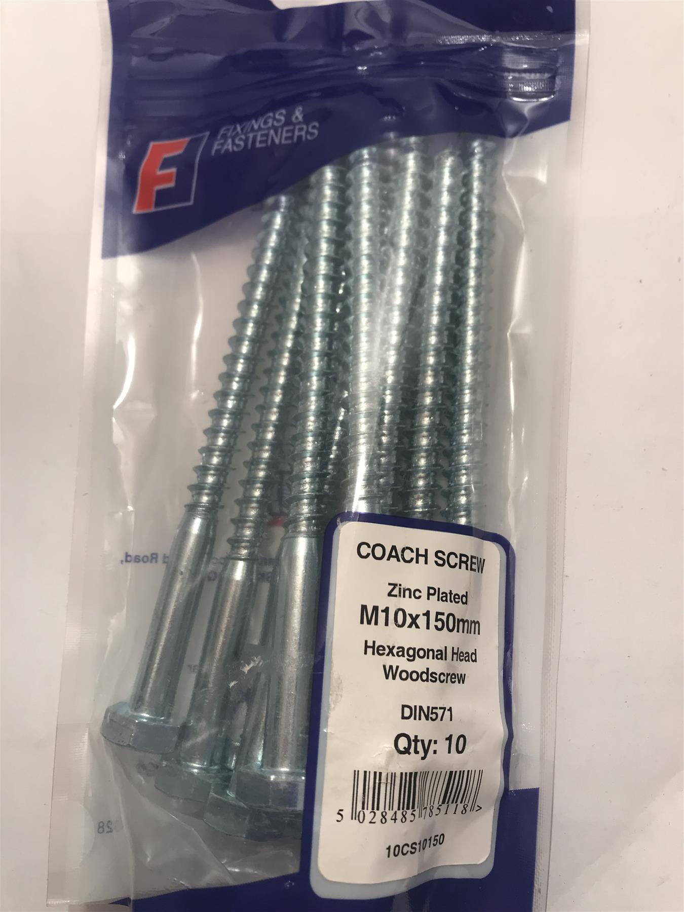 ForgeFix Coach Screw Zinc Plated M10x150mm Hexagon Head 10CS10150 (10 Pk)