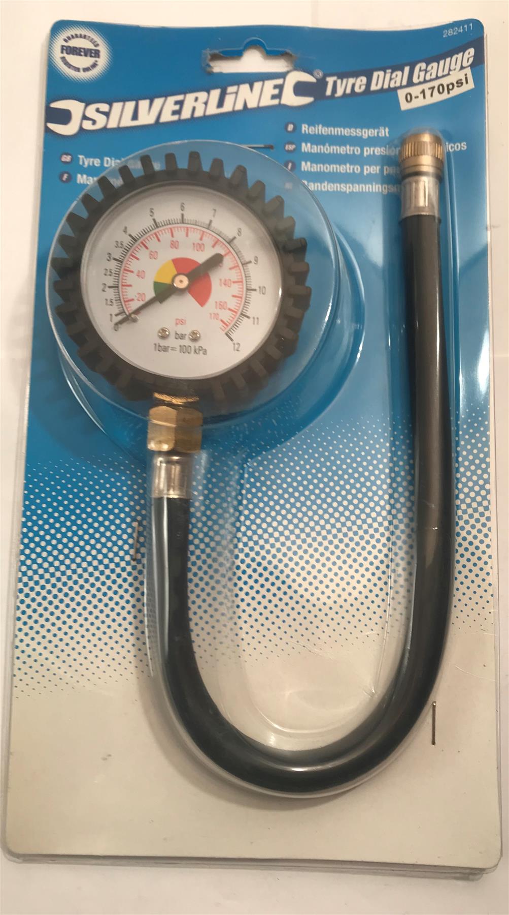 Silverline Tyre Dial Gauge 0-170psi 0-12Bar 280mm Flexible Hose  282411
