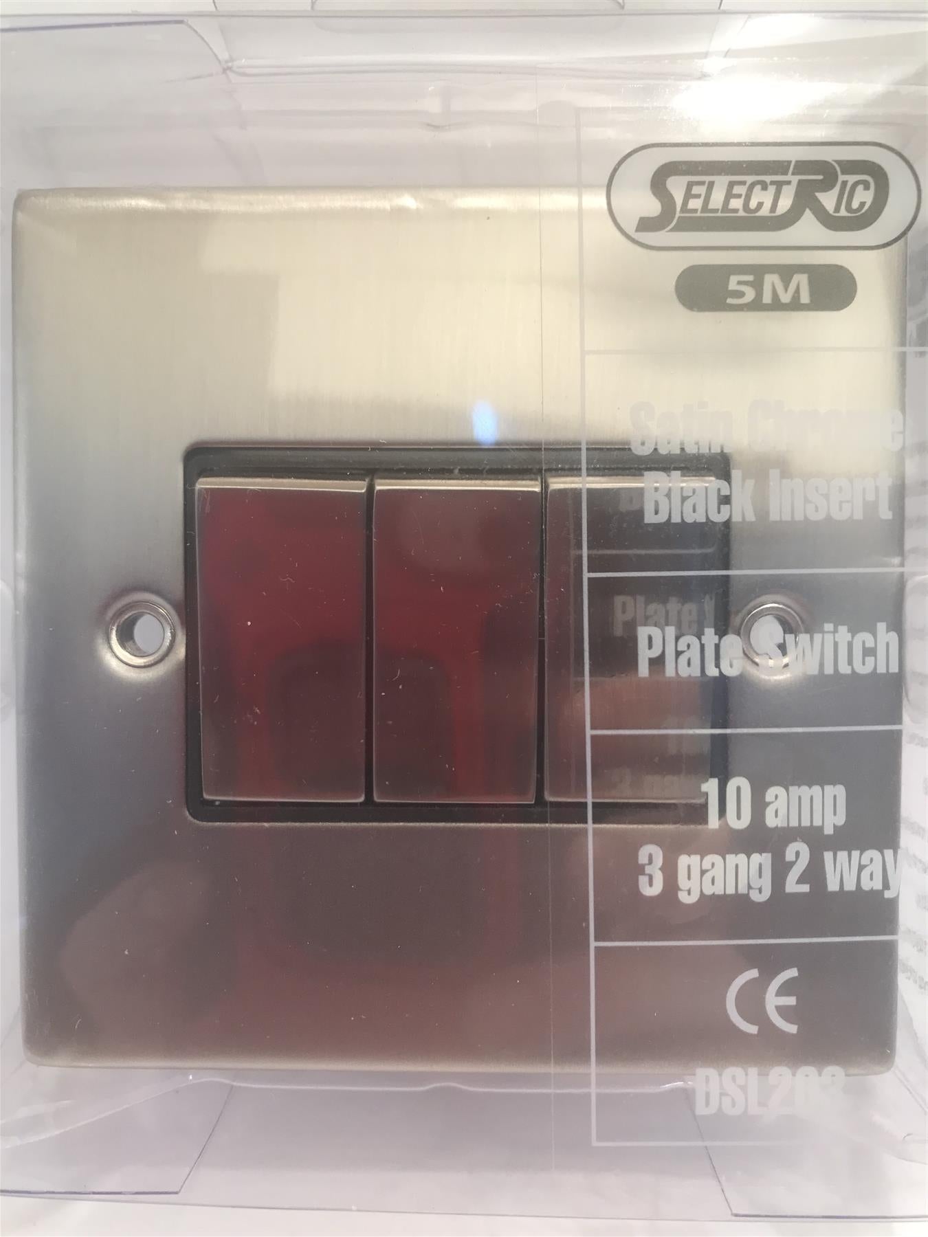 10amp 3 Gang 2 Way Satin Chrome Black Insert Plate Switch DSL203