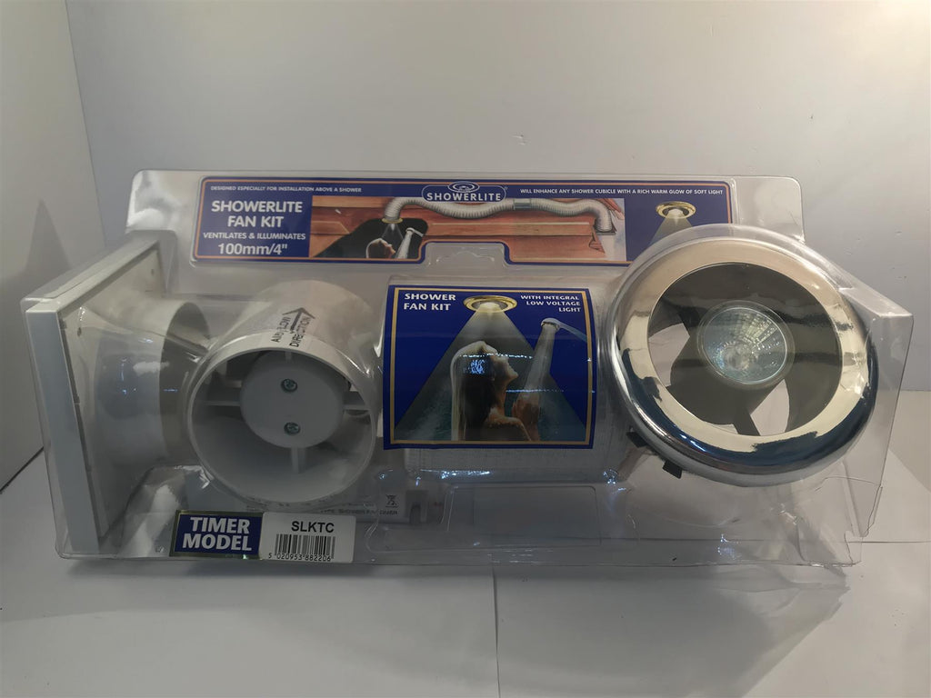 Showerlite Fan Kit Ventilates & Illuminates 100mm/4" White/Chrome + Timer