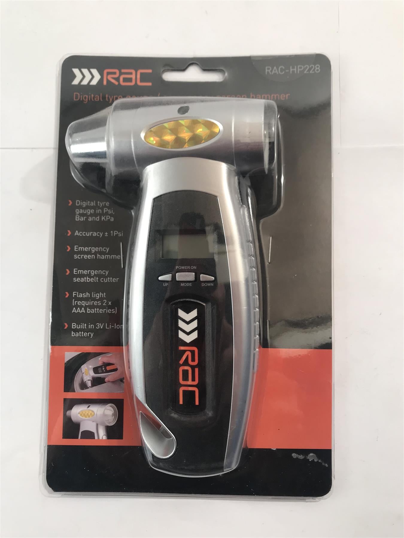 Digital Tyre Gauge, Emergency hammer Seatbelt Cutter Flash light RAC-HP228