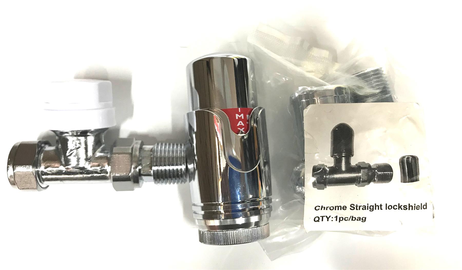 New Straight Chrome Thermostatic Radiator Valve TRV & Small Round Top Lockshield