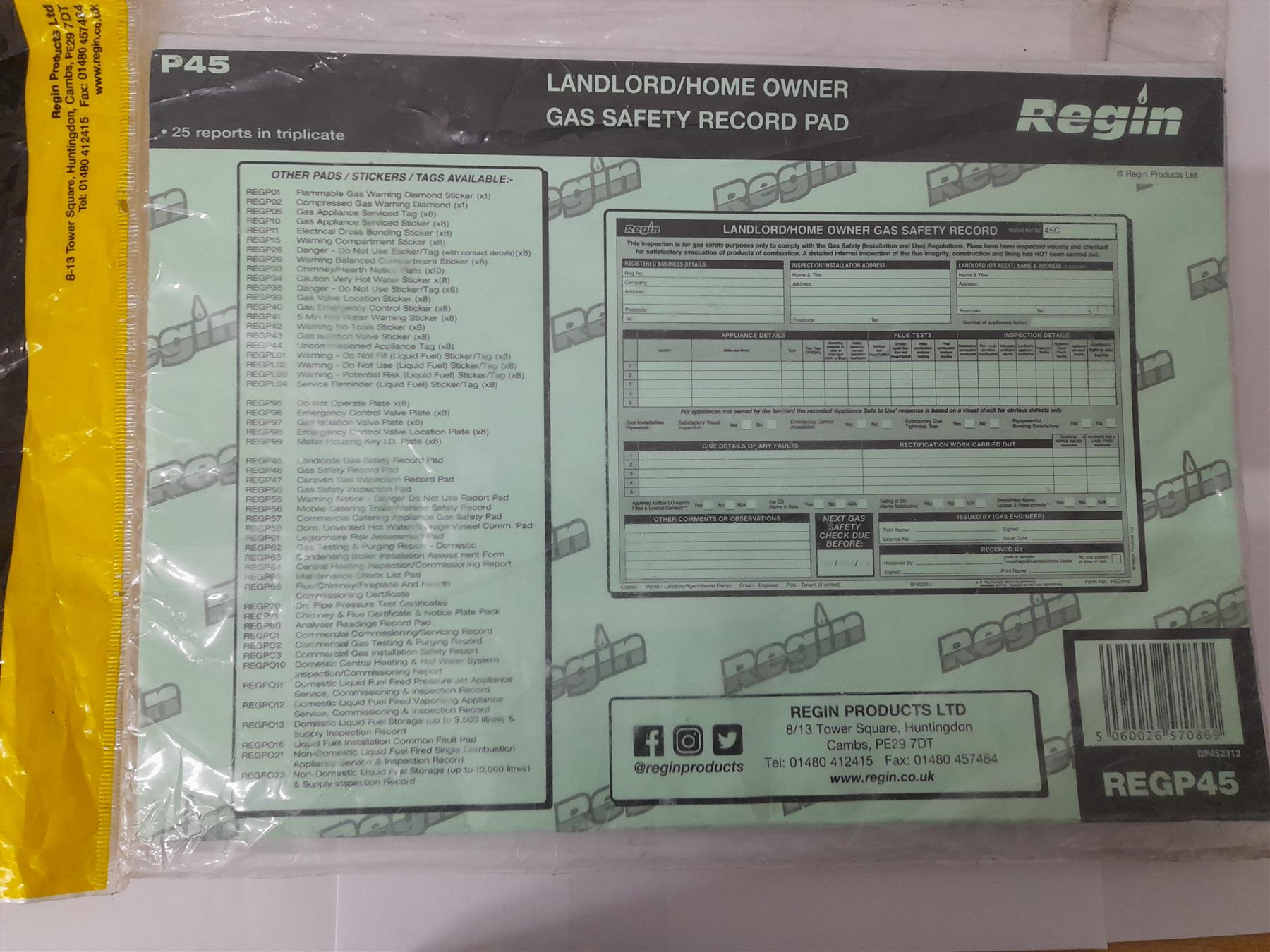REGIN REGP45 Landlord/Home Owner Gas Safety Record Pad
