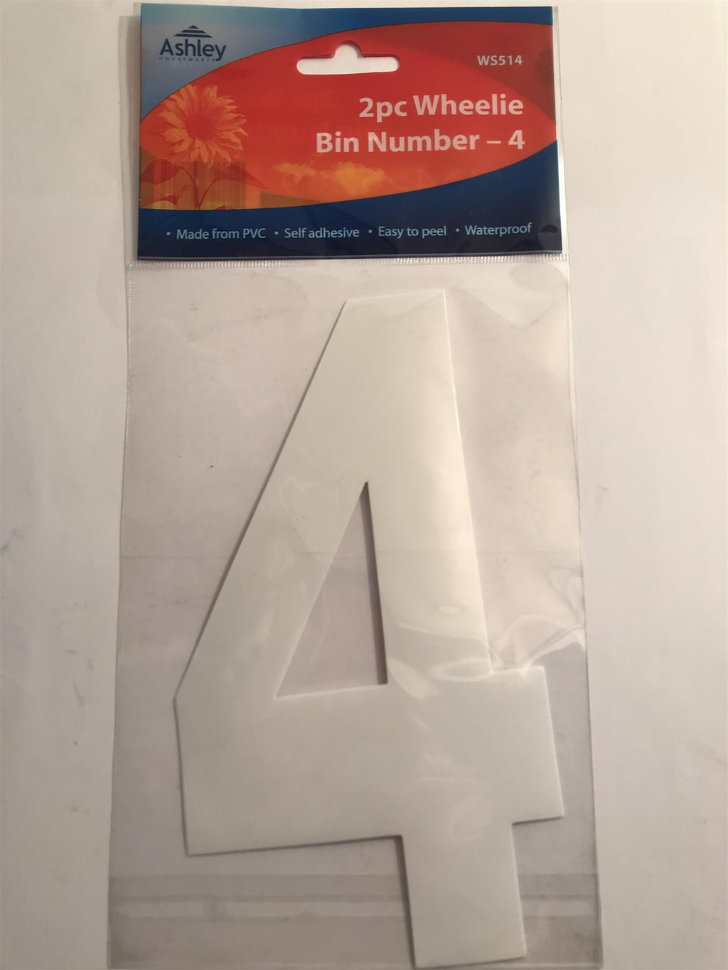 Ashley 2 Pack White Self Adhesive Wheelie Bin Sticker Number 4  WS514