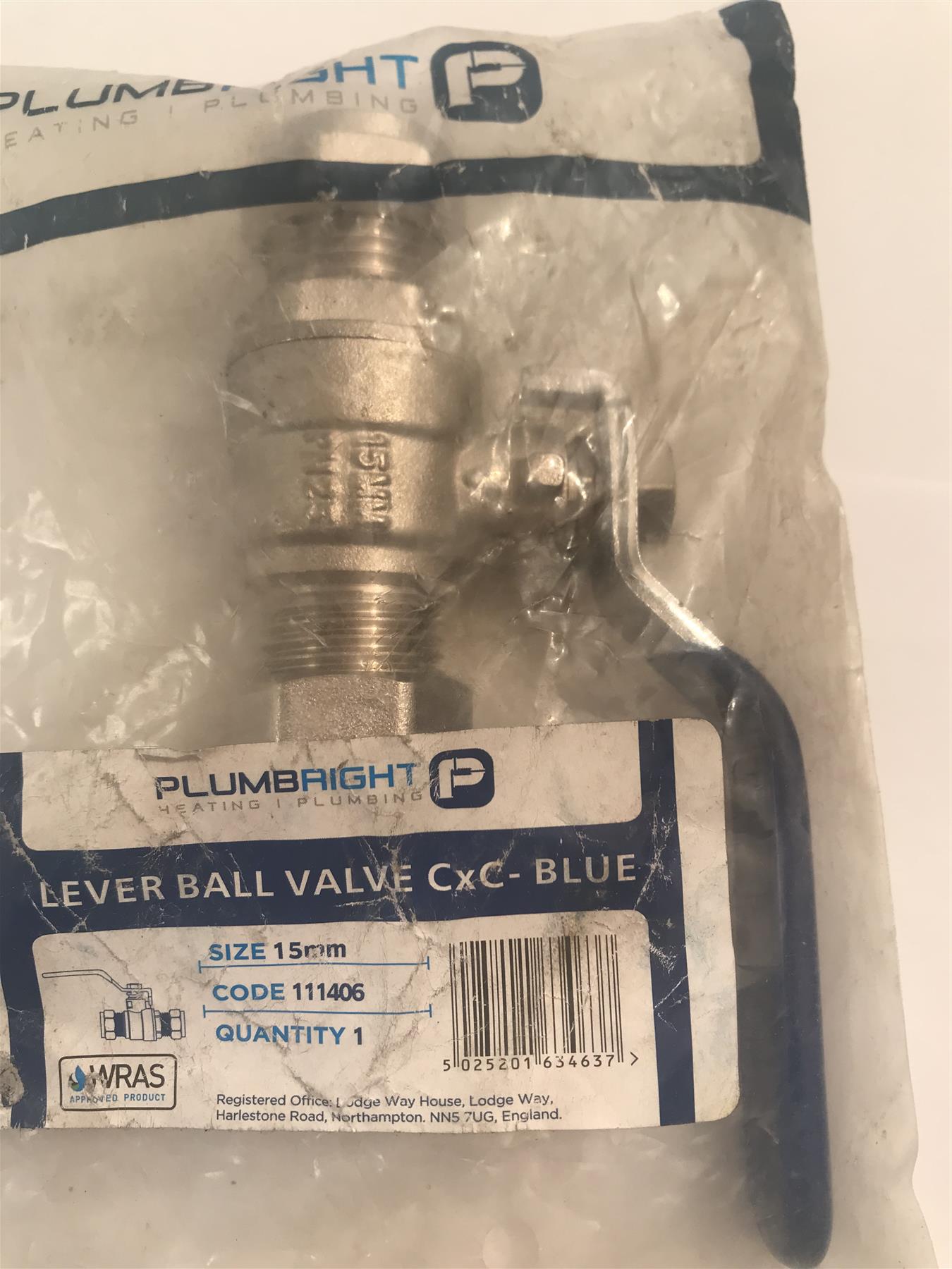 Plumbright 15mm Lever Ball Valve Blue Handle  111406