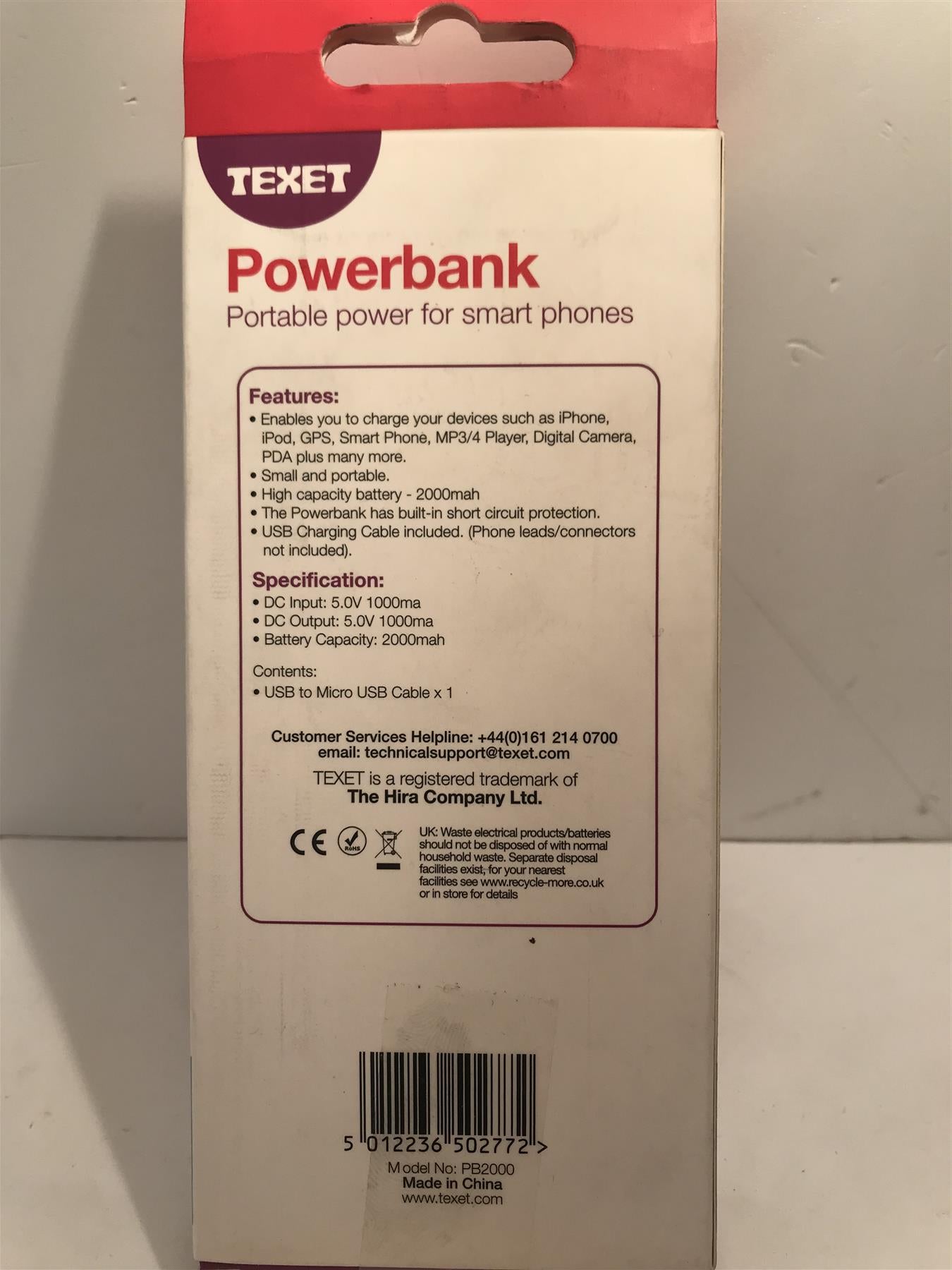 Texet Powerbank - Portable Power for Smart Phones 2000mAh
