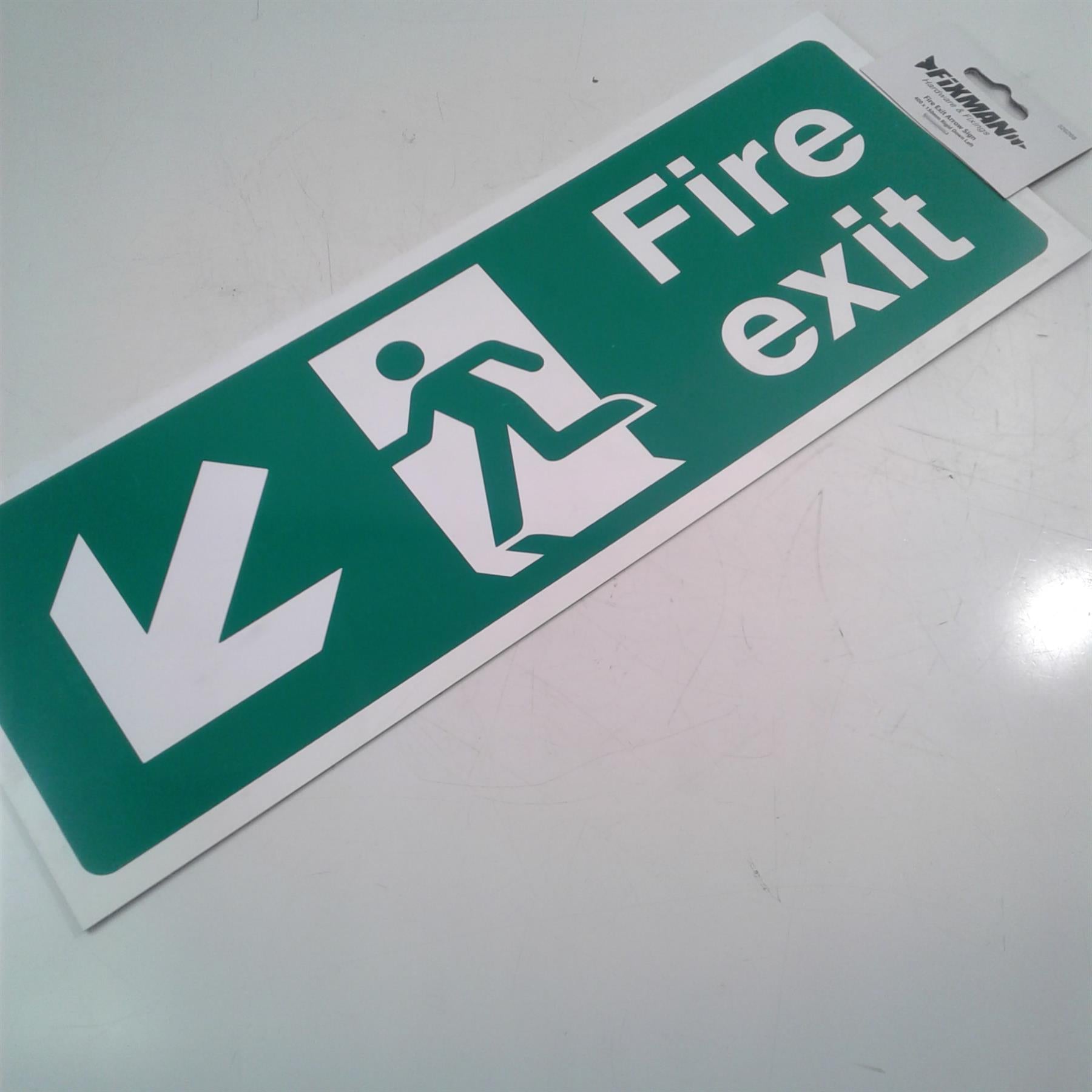 Fixman Fire Exit Arrow Sign 400 x 150mm Rigid Down Left 326268