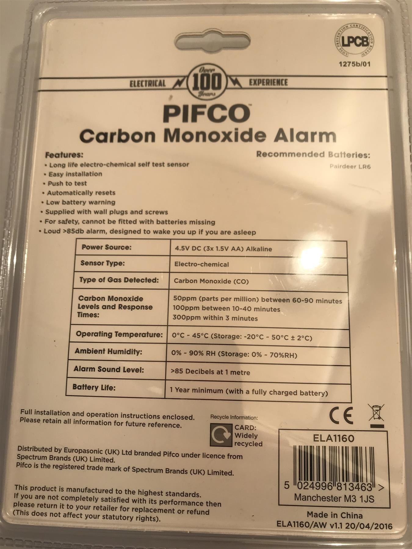 Pifco Carbon Monoxide Alarm with Digital LCD Display EN50291