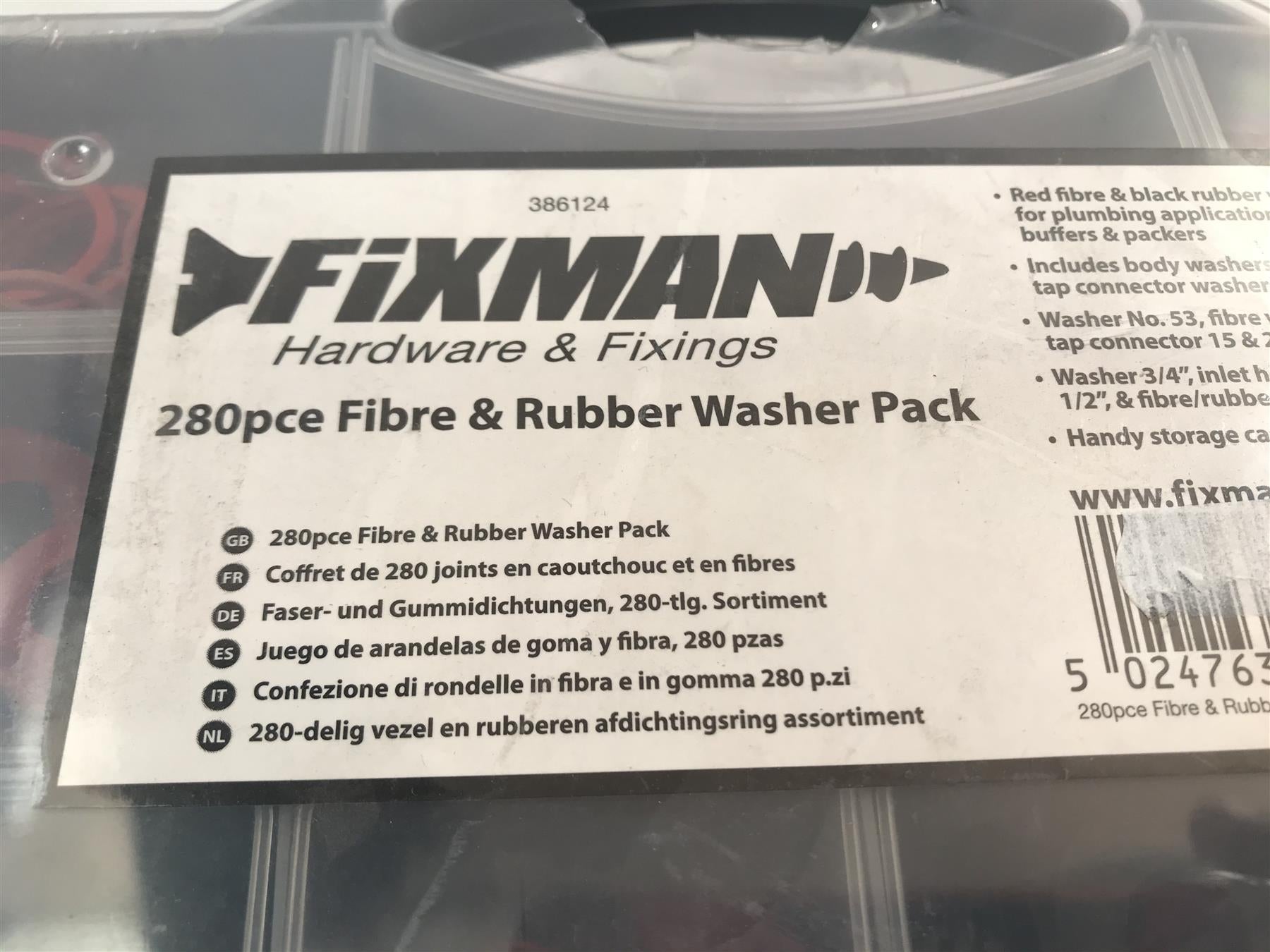 Fixman 386124 Assorted Fibre & Rubber Plumbing Washers 280 Piece Set