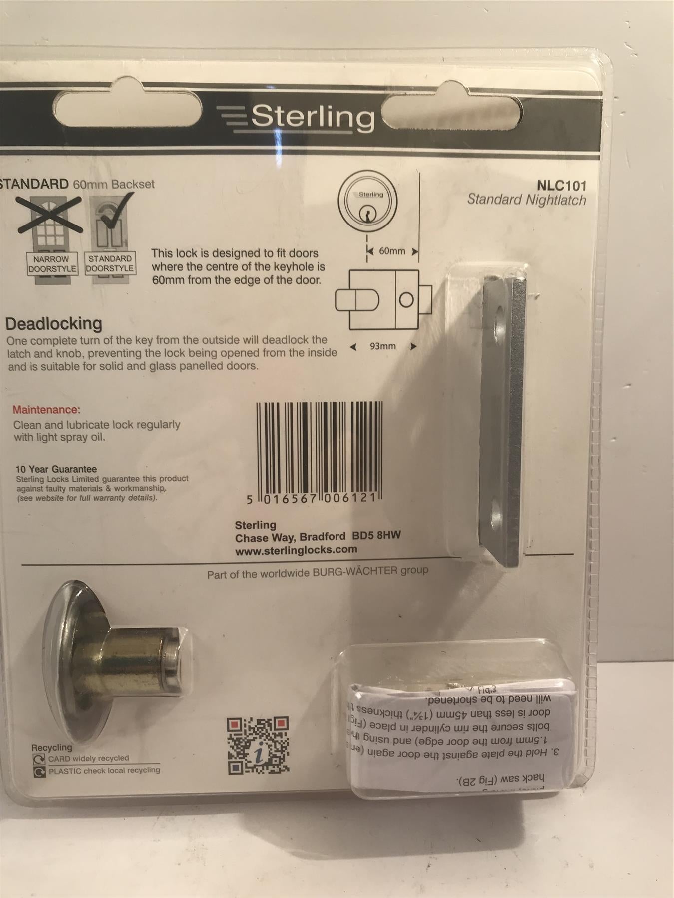 Sterling Double Locking Night Latch Silver 60mm - NLC101