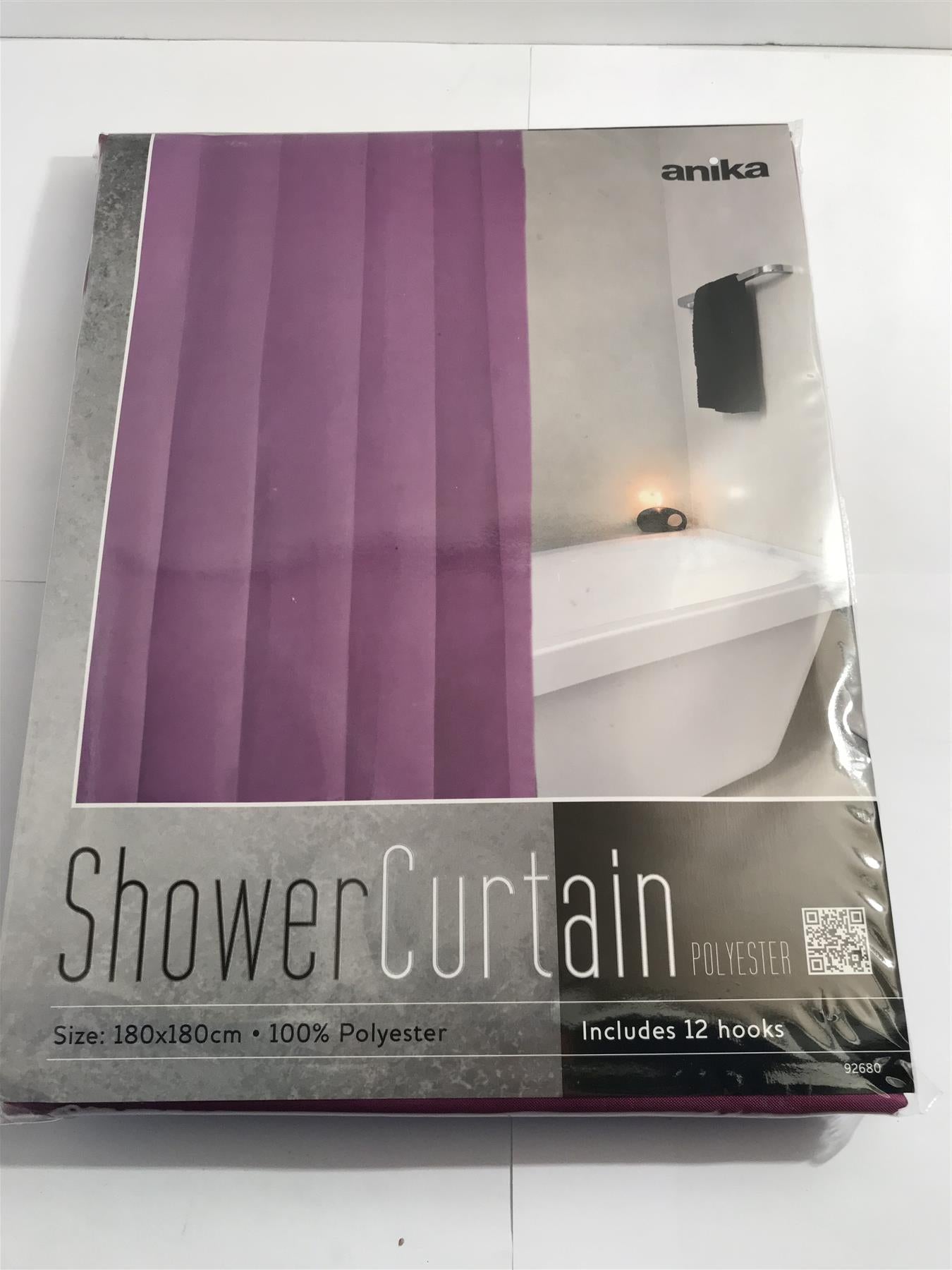 Anika Shower Curtain with 12 Hooks 180x180cm Purple 92680 New