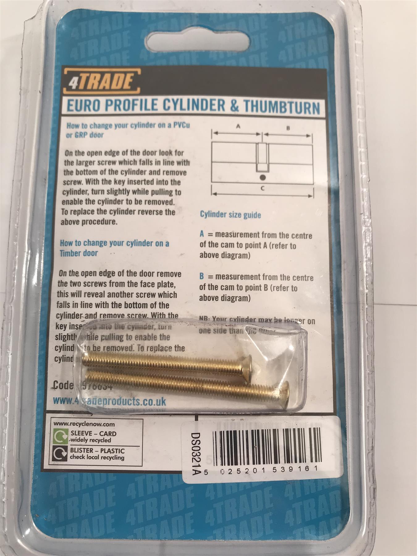 4trade Euro Profile Cylinder & Thumbturn 35/35 mm Brass 2 keys 978634
