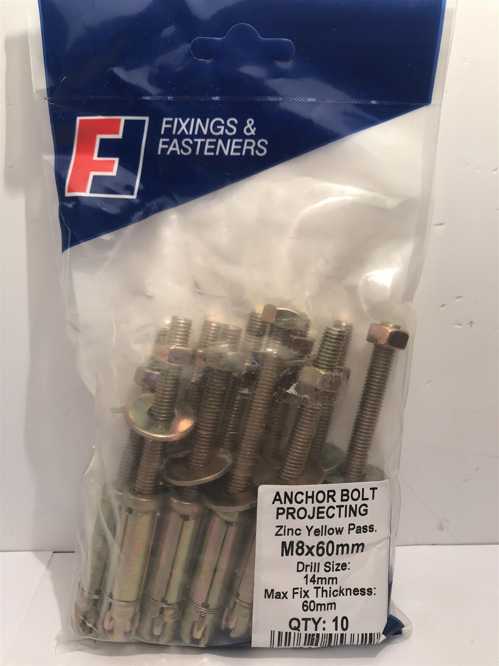 Masonry Anchor Bolt Projecting Zinc Yellow M8 x 60mm Bag 10   10PB860