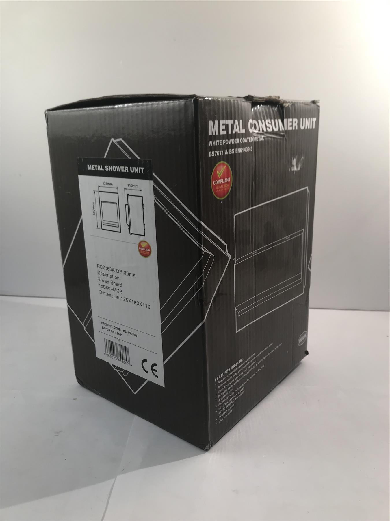 3 Way Metal Consumer Unit RCD 63A DP 30mA 1 xB50-MCB  125x183x110mm