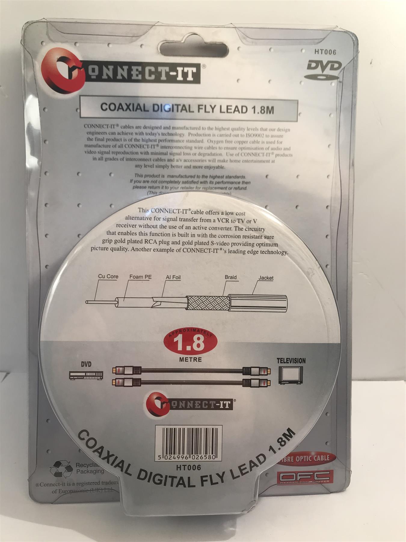 Connect-It Coaxial Digital Fly Lead Gold Plated  1.8m VCR to TV HT006