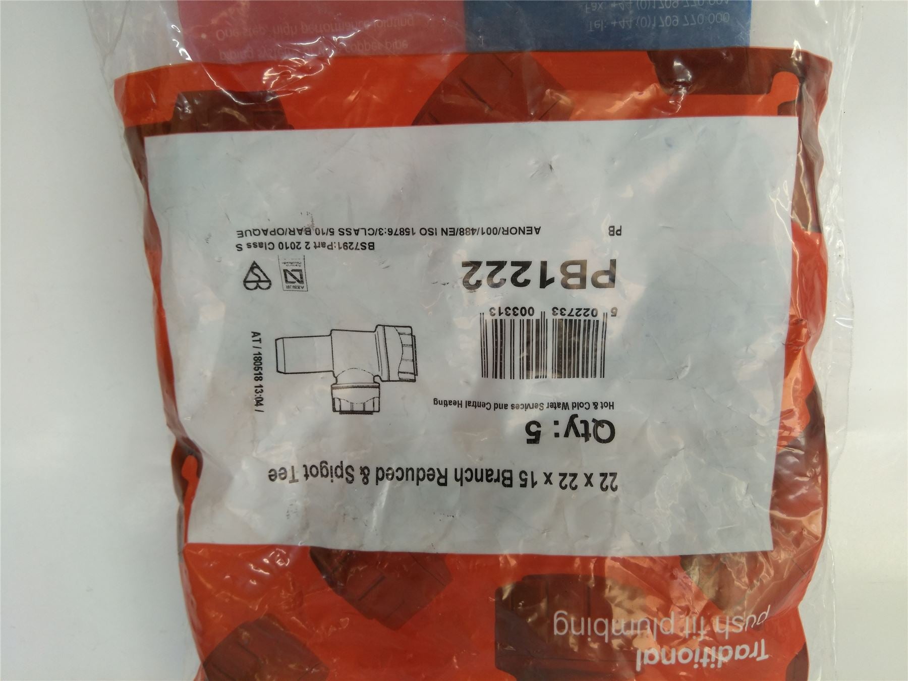 New Polyplumb Branch Reduced Spigot Tee 22 x 22 x 15mm PB1222  Bag of 5